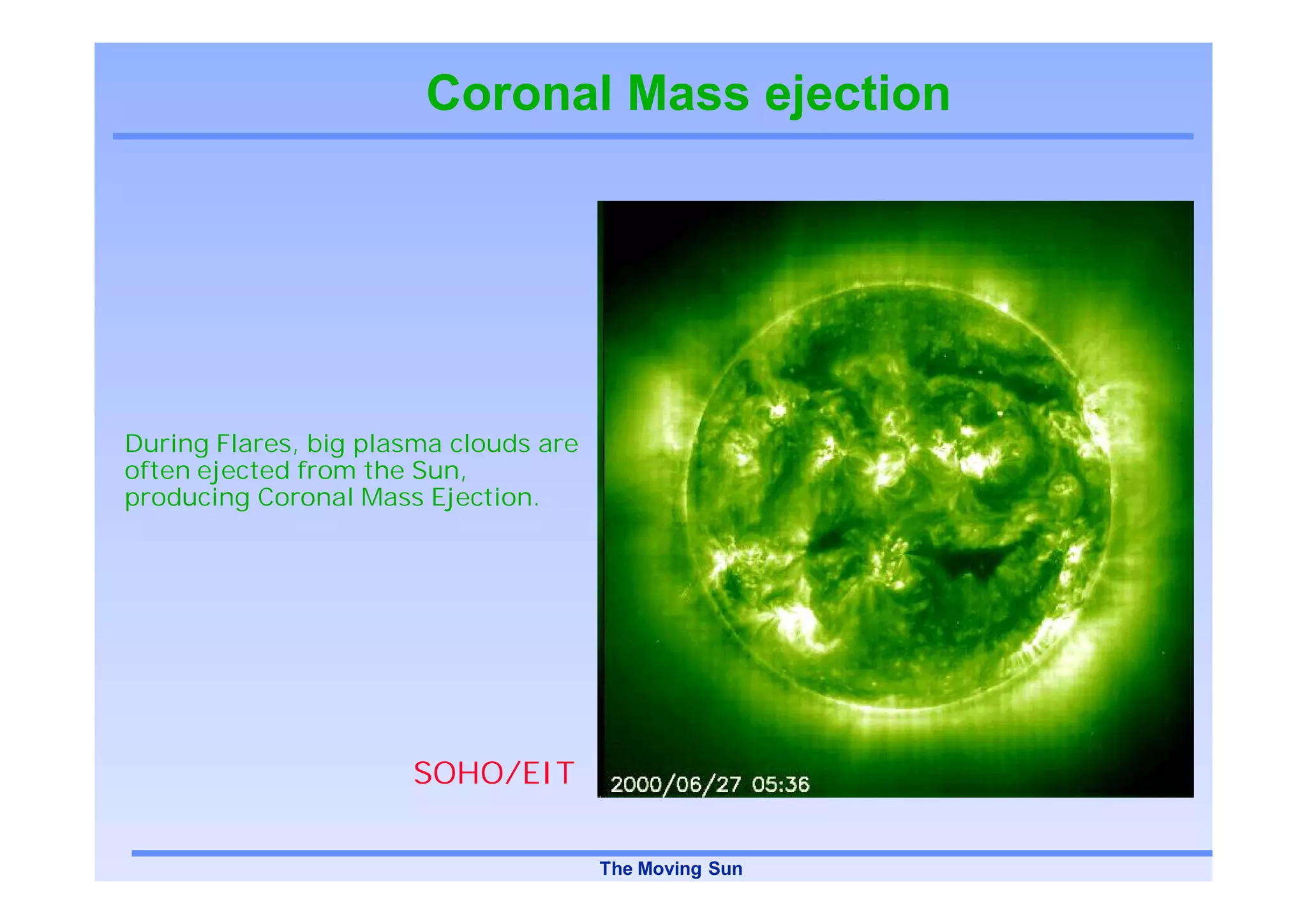 Coronal Mass ejection




During Flares, big plasma clouds are
often ejected from the Sun,
producing Coronal Mass Ejection.




                      SOHO/EIT

                                       The Moving Sun
 
