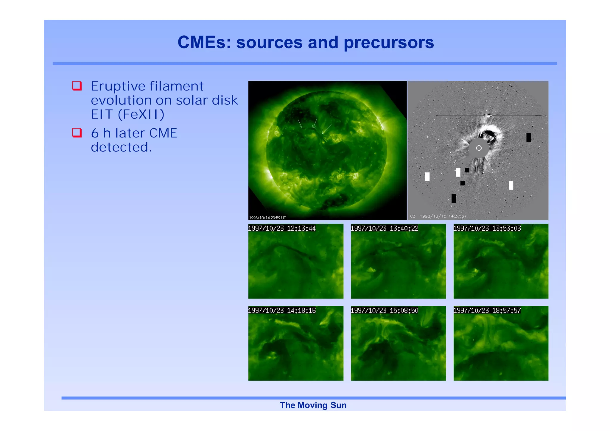 CMEs: sources and precursors

Eruptive filament
evolution on solar disk
EIT (FeXII)
6 h later CME
detected.




                          The Moving Sun
 