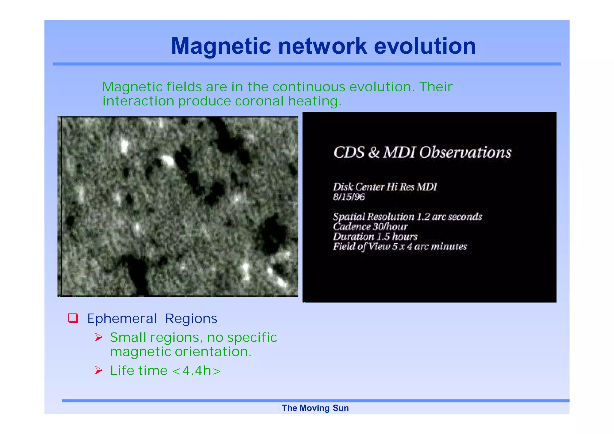 Magnetic network evolution
  Magnetic fields are in the continuous evolution. Their
  interaction produce coronal heating.




Ephemeral Regions
   Small regions, no specific
   magnetic orientation.
   Life time <4.4h>

                                The Moving Sun
 
