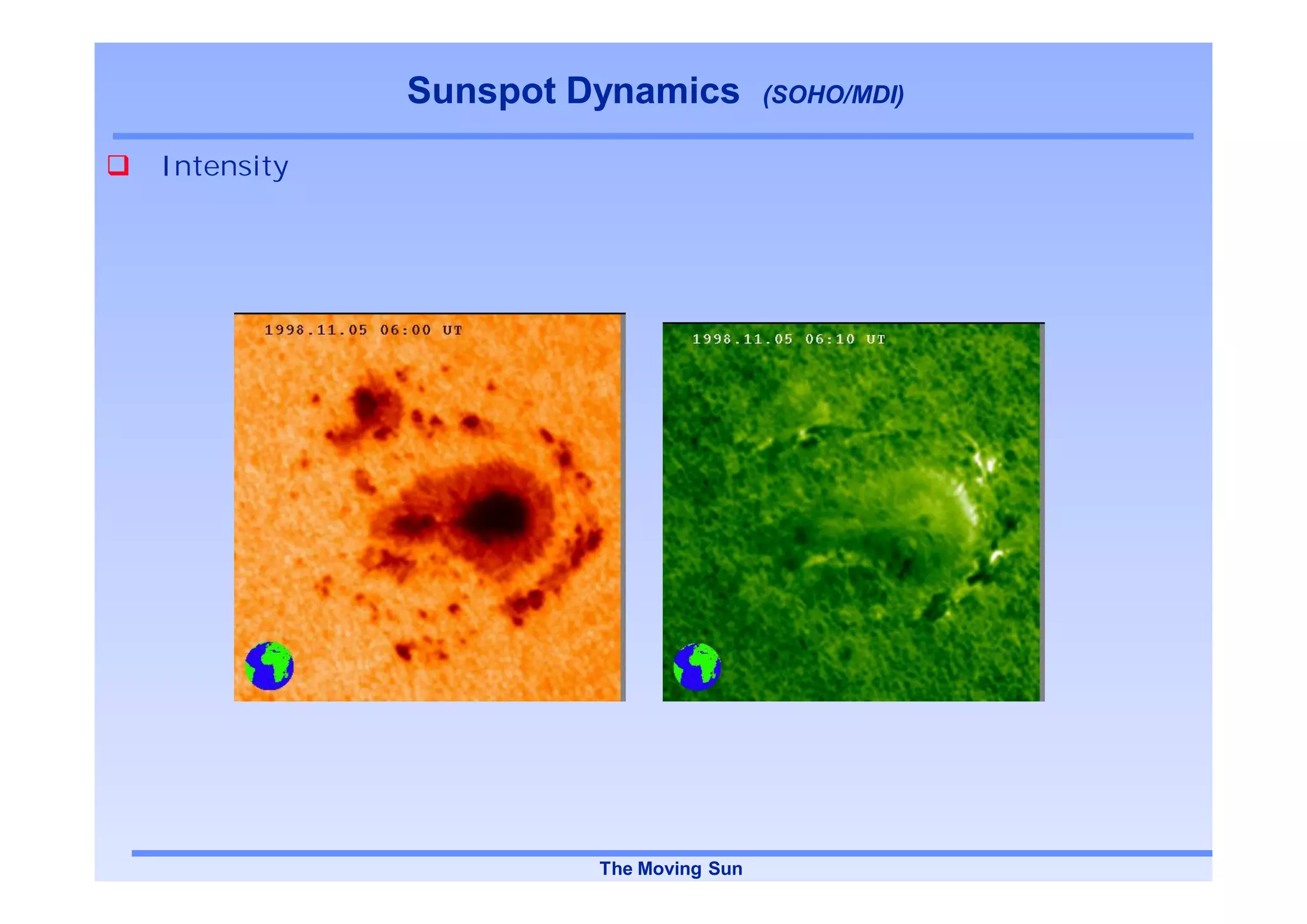 Sunspot Dynamics          (SOHO/MDI)

Intensity




                     The Moving Sun
 