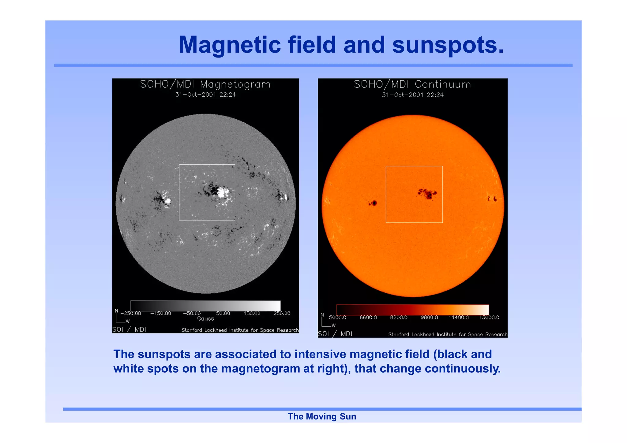 Magnetic field and sunspots.




The sunspots are associated to intensive magnetic field (black and
white spots on the magnetogram at right), that change continuously.


                              The Moving Sun
 