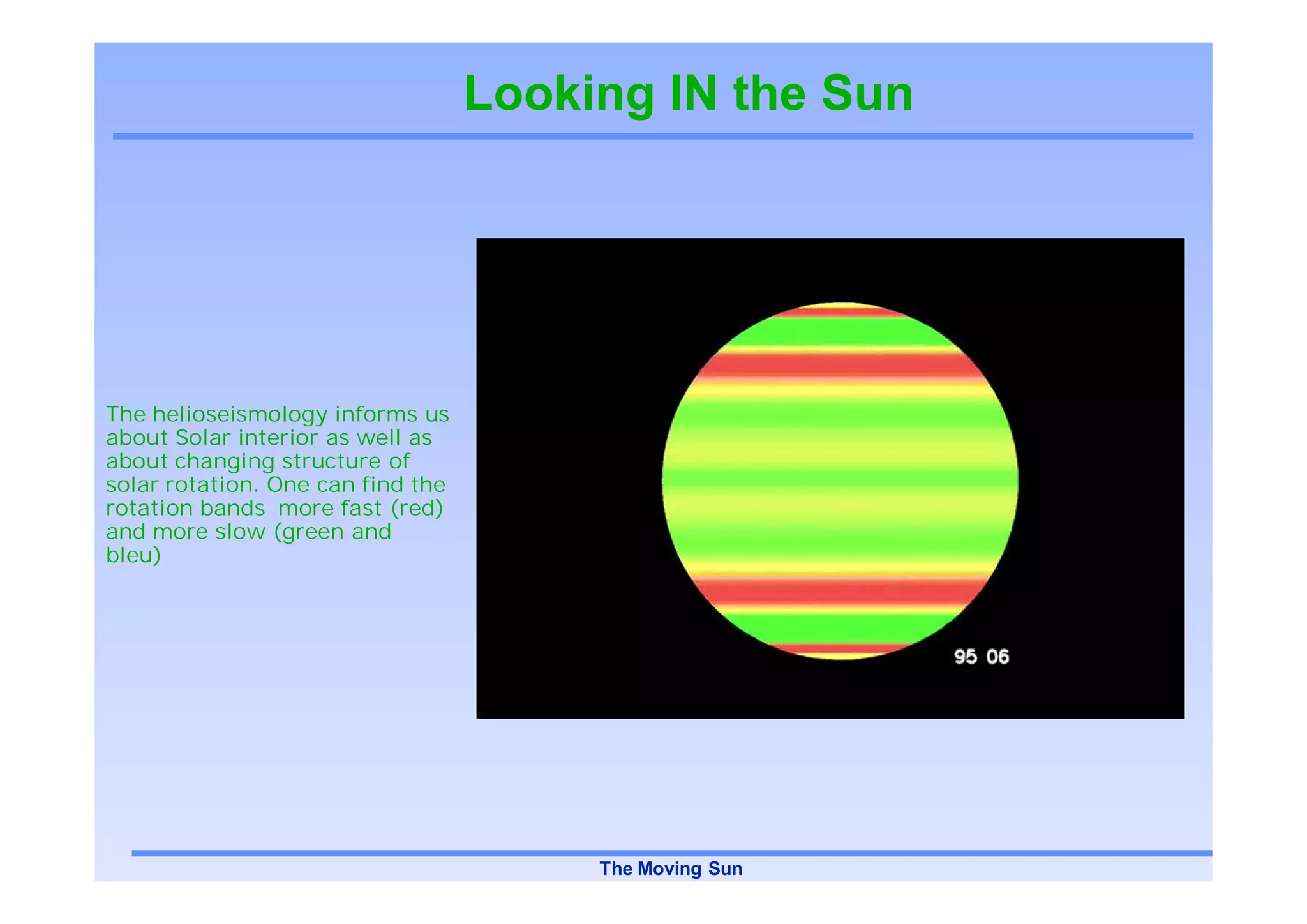 Looking IN the Sun




The helioseismology informs us
about Solar interior as well as
about changing structure of
solar rotation. One can find the
rotation bands more fast (red)
and more slow (green and
bleu)




                                        The Moving Sun
 