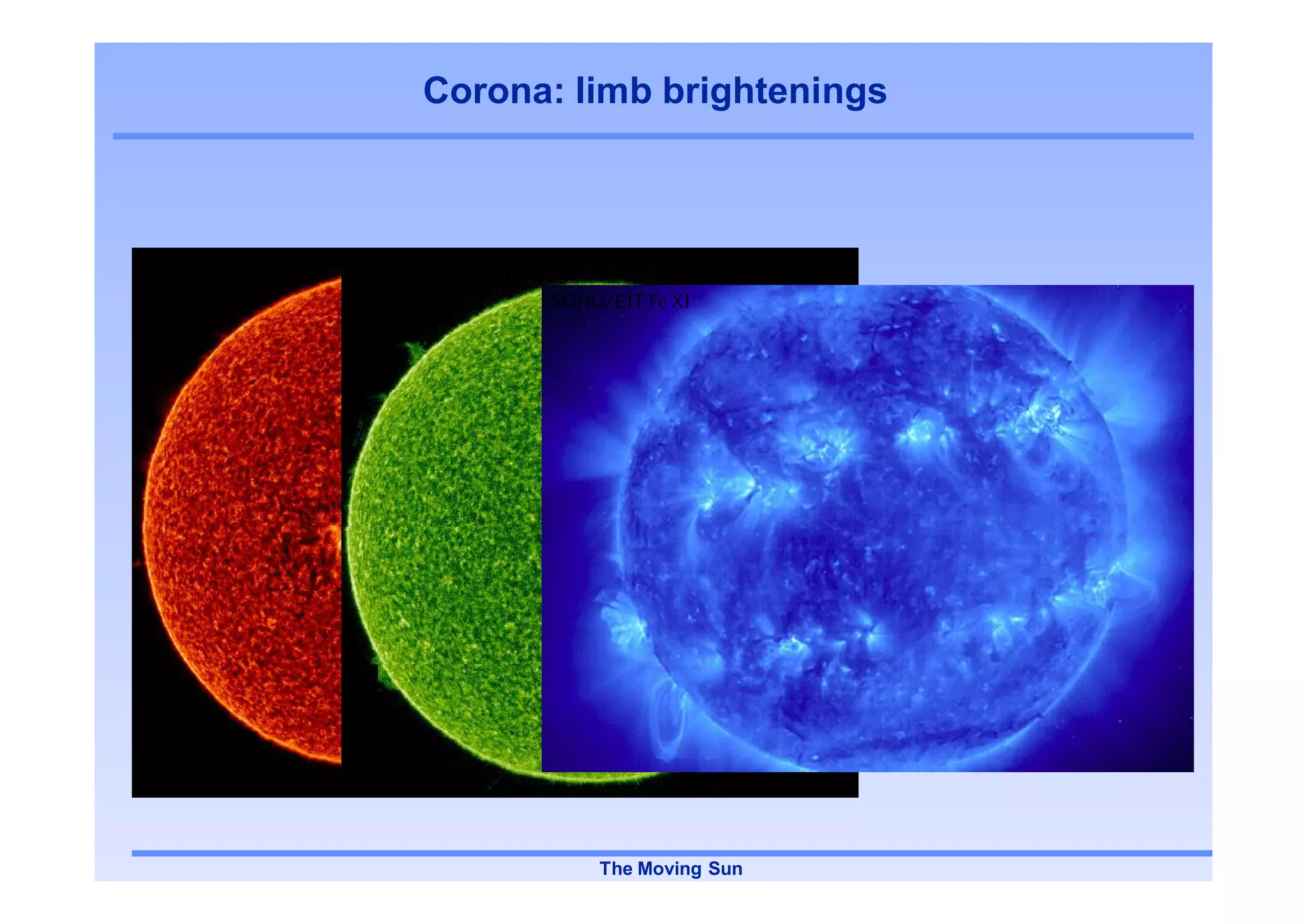 Corona: limb brightenings



SOHO/SUMER Si VI   SOHO/SUMER C IV

                                     SOHO/EIT Fe XI




                                         The Moving Sun
 