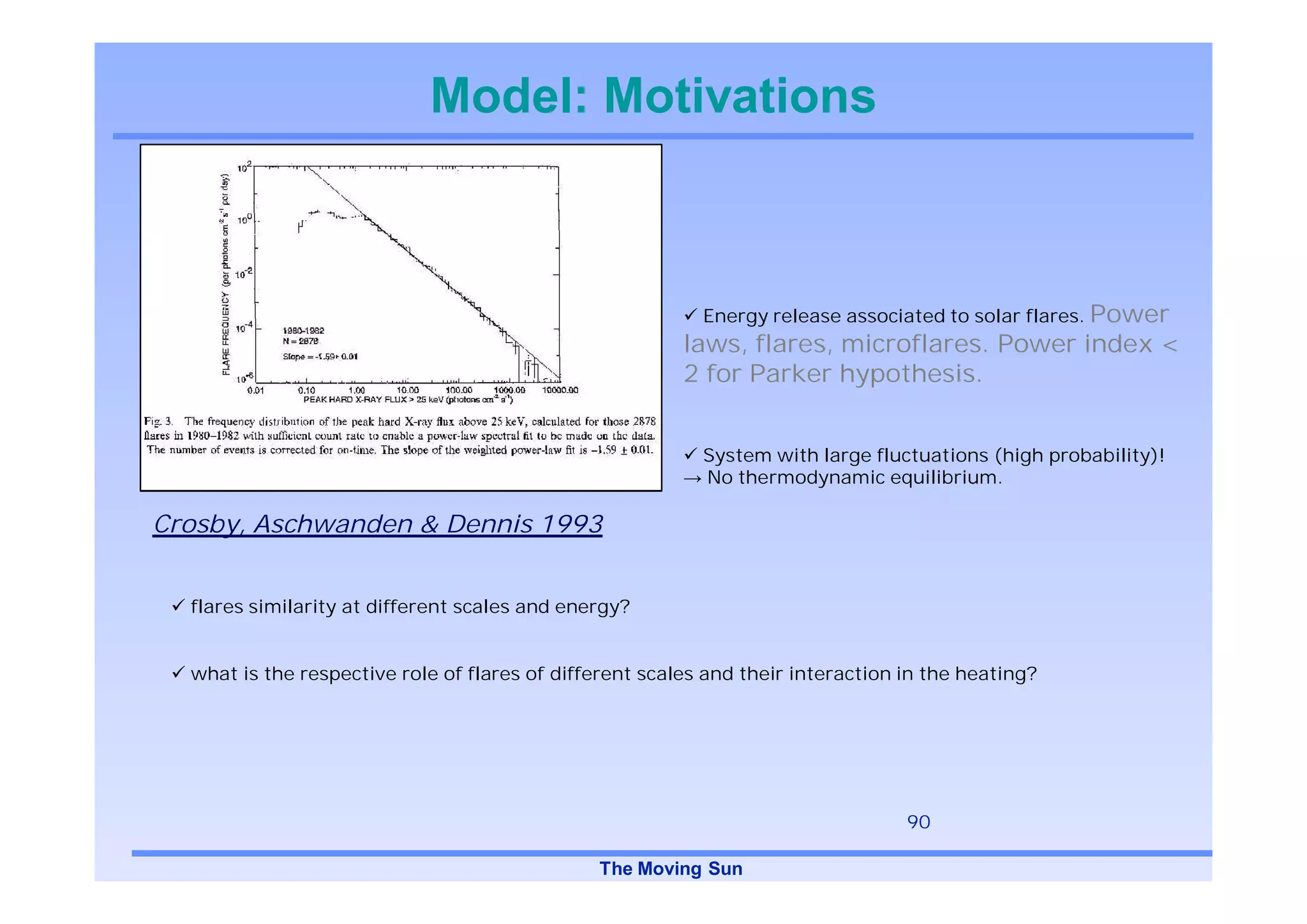 Model: Motivations



                                                           Energy release associated to solar flares. Power
                                                         laws, flares, microflares. Power index <
                                                         2 for Parker hypothesis.


                                                           System with large fluctuations (high probability)!
                                                           No thermodynamic equilibrium.

Crosby, Aschwanden & Dennis 1993


  flares similarity at different scales and energy?


  what is the respective role of flares of different scales and their interaction in the heating?




                                                                                  90

                                               The Moving Sun
 