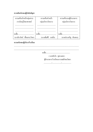 ความคิดเห็นของผู้บังคับบัญชา

  ความเห็นหัวหน้ากลุ่มสาระ                                      ความเห็นหัวหน้า                                ความเห็นรองผูอานวยการ
                                                                                                                             ้
    การเรี ยนรู้วทยาศาสตร์
                 ิ                                             กลุ่มบริ หารวิชาการ                               กลุ่มบริ หารวิชาการ
  ...................................................   ...................................................   ...................................................
  ...................................................   ...................................................   ...................................................
  ...................................................   ...................................................   ...................................................
ลงชื่อ....................................... ลงชื่อ....................................... ลงชื่อ.......................................
(นางจิรารัตน์ เชื่อมกระโทก)                            (นางเพิ่มศิริ งามยิง)         ่            (นายประเสริ ฐ สันทอง)

ความเห็นของผู้บริ หารโรงเรียน
.............................................................................................................................................................
.............................................................................................................................................................
                                                                    ลงชื่อ..........................................................
                                                                                    ( นายทันใจ ชูทรงเดช )
                                                                         ผูอานวยการโรงเรี ยนนารายณ์คาผงวิทยา
                                                                            ้
                                                                        .................../....................../.......................
 