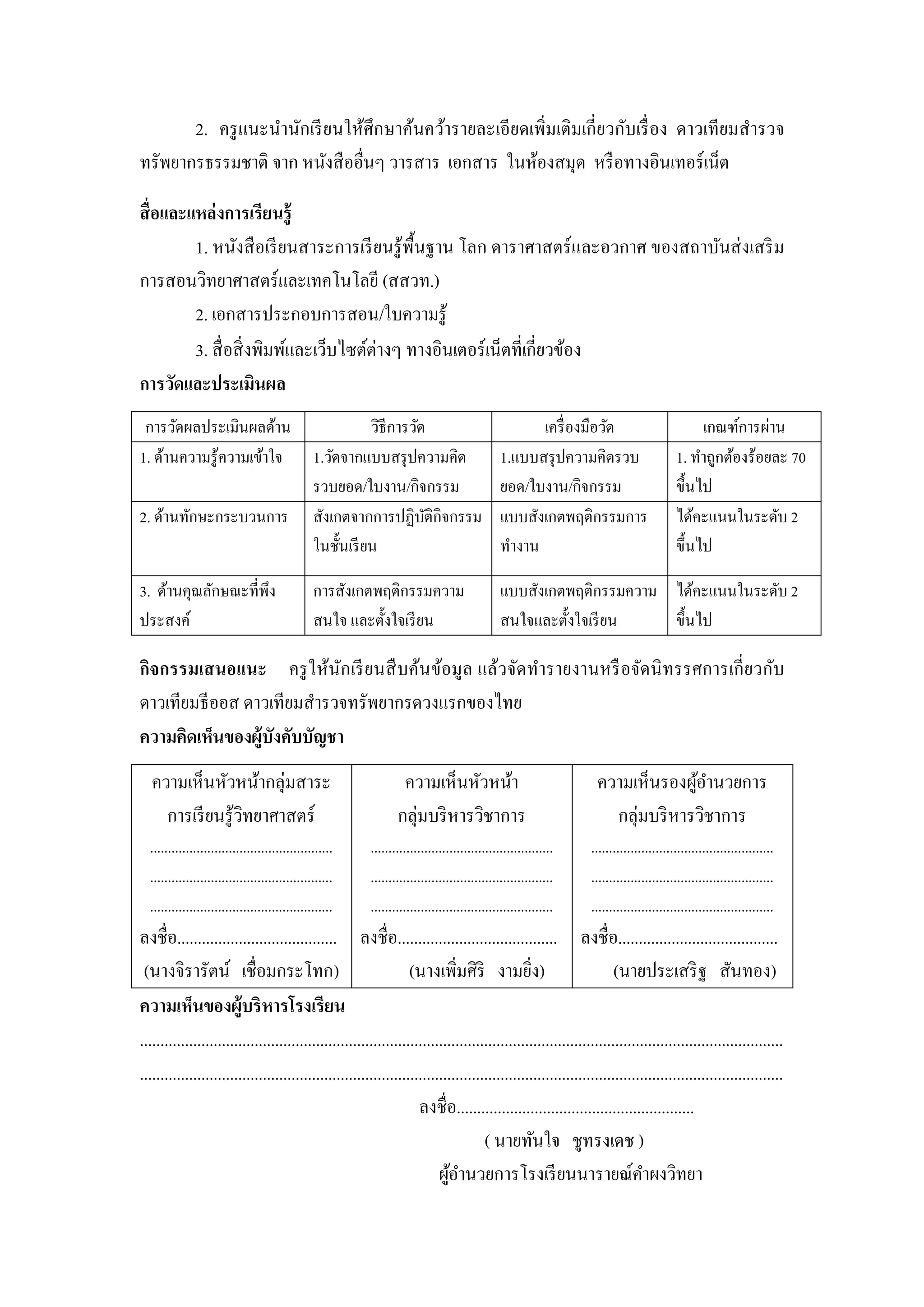 2. ครู แนะนานักเรี ยนให้ศึกษาค้นคว้ารายละเอียดเพิ่มเติมเกี่ ยวกับเรื่ อง ดาวเทียมสารวจ
ทรัพยากรธรรมชาติ จาก หนังสื ออื่นๆ วารสาร เอกสาร ในห้องสมุด หรื อทางอินเทอร์เน็ต

สื่ อและแหล่ งการเรียนรู้
         1. หนังสื อเรี ยนสาระการเรี ยนรู ้พ้ืนฐาน โลก ดาราศาสตร์ และอวกาศ ของสถาบันส่ งเสริ ม
การสอนวิทยาศาสตร์และเทคโนโลยี (สสวท.)
         2. เอกสารประกอบการสอน/ใบความรู้
         3. สื่ อสิ่ งพิมพ์และเว็บไซต์ต่างๆ ทางอินเตอร์ เน็ตที่เกี่ยวข้อง
การวัดและประเมินผล
 การวัดผลประเมินผลด้าน                                    วิธีการวัด                              เครื่ องมือวัด                          เกณฑ์การผ่าน
1. ด้านความรู ้ความเข้าใจ                      1.วัดจากแบบสรุ ปความคิด                      1.แบบสรุ ปความคิดรวบ                     1. ทาถูกต้องร้อยละ 70
                                               รวบยอด/ใบงาน/กิจกรรม                         ยอด/ใบงาน/กิจกรรม                        ขึ้นไป
2. ด้านทักษะกระบวนการ                          สังเกตจากการปฏิบติกิจกรรม
                                                                    ั                       แบบสังเกตพฤติกรรมการ                     ได้คะแนนในระดับ 2
                                               ในชั้นเรี ยน                                 ทางาน                                    ขึ้นไป

3. ด้านคุณลักษณะที่พึง                         การสังเกตพฤติกรรมความ                        แบบสังเกตพฤติกรรมความ ได้คะแนนในระดับ 2
ประสงค์                                        สนใจ และตั้งใจเรี ยน                         สนใจและตั้งใจเรี ยน   ขึ้นไป

กิจกรรมเสนอแนะ ครู ให้นักเรี ยนสื บค้นข้อมูล แล้วจัดทารายงานหรื อจัดนิ ทรรศการเกี่ ยวกับ
ดาวเทียมธีออส ดาวเทียมสารวจทรัพยากรดวงแรกของไทย
ความคิดเห็นของผู้บังคับบัญชา
  ความเห็นหัวหน้ากลุ่มสาระ                                      ความเห็นหัวหน้า                                ความเห็นรองผูอานวยการ
                                                                                                                             ้
    การเรี ยนรู้วทยาศาสตร์
                 ิ                                             กลุ่มบริ หารวิชาการ                               กลุ่มบริ หารวิชาการ
  ...................................................   ...................................................   ...................................................
  ...................................................   ...................................................   ...................................................
  ...................................................   ...................................................   ...................................................
ลงชื่อ....................................... ลงชื่อ....................................... ลงชื่อ.......................................
 (นางจิรารัตน์ เชื่อมกระโทก)                                      (นางเพิ่มศิริ งามยิง)         ่                   (นายประเสริ ฐ สันทอง)
ความเห็นของผู้บริ หารโรงเรียน
.............................................................................................................................................................
.............................................................................................................................................................
                                                                    ลงชื่อ..........................................................
                                                                                    ( นายทันใจ ชูทรงเดช )
                                                                         ผูอานวยการโรงเรี ยนนารายณ์คาผงวิทยา
                                                                            ้
 