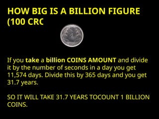 HOW BIG IS A BILLION FIGURE
(100 CRORES)
If you take a billion COINS AMOUNT and divide
it by the number of seconds in a day you get
11,574 days. Divide this by 365 days and you get
31.7 years.
SO IT WILL TAKE 31.7 YEARS TOCOUNT 1 BILLION
COINS.
 