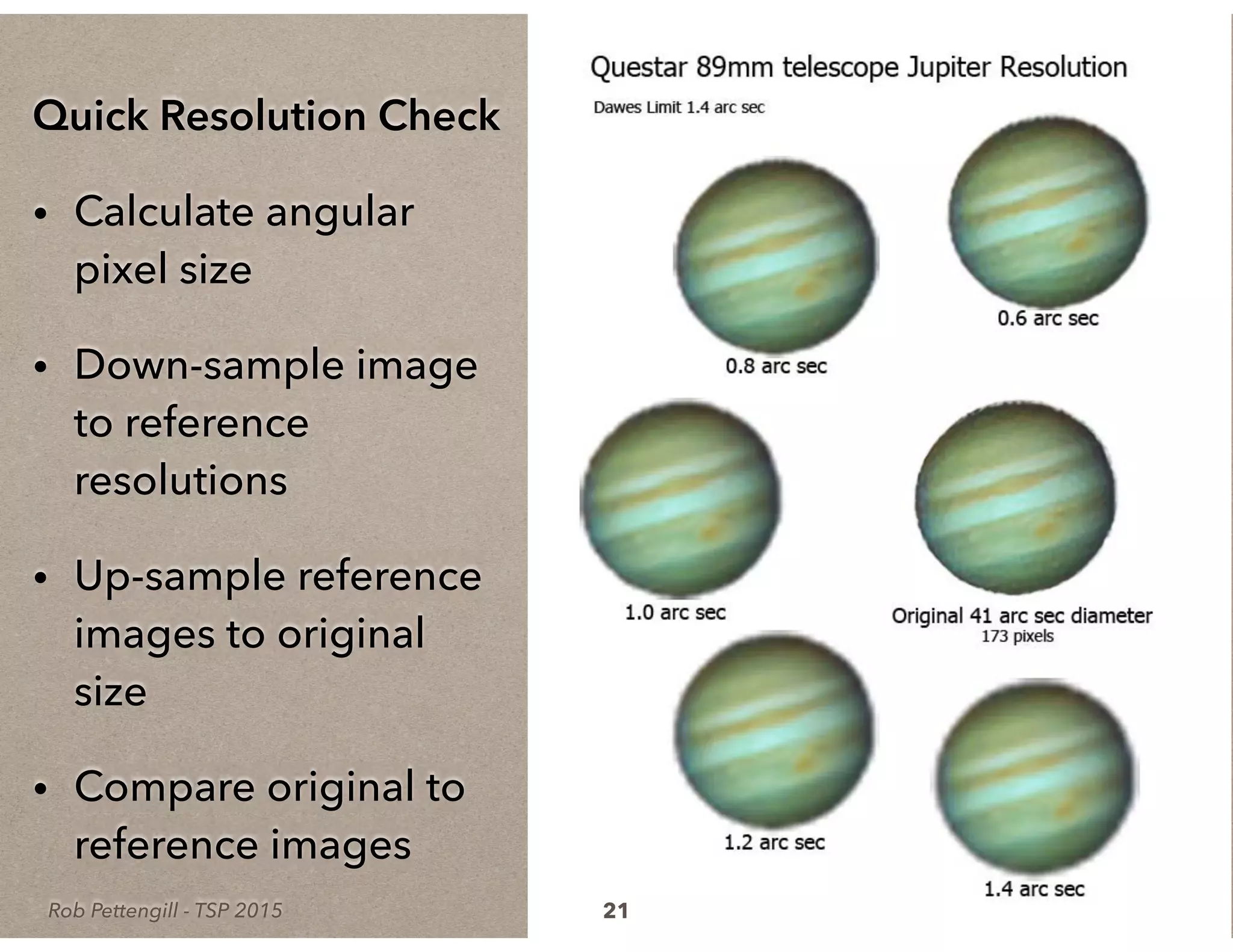 Rob Pettengill - TSP 2015
Quick Resolution Check
• Calculate angular
pixel size
• Down-sample image
to reference
resolutions
• Up-sample reference
images to original
size
• Compare original to
reference images
21
 