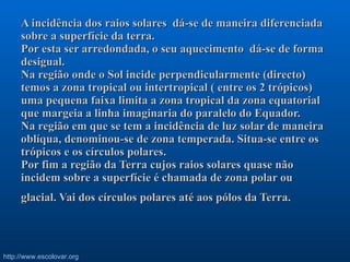 A incidência dos raios solares  dá-se de maneira diferenciada sobre a superfície da terra.  Por esta ser arredondada, o seu aquecimento  dá-se de forma desigual. Na região onde o Sol incide perpendicularmente (directo) temos a zona tropical ou intertropical ( entre os 2 trópicos) uma pequena faixa limita a zona tropical da zona equatorial que margeia a linha imaginaria do paralelo do Equador. Na região em que se tem a incidência de luz solar de maneira oblíqua, denominou-se de zona temperada. Situa-se entre os trópicos e os círculos polares. Por fim a região da Terra cujos raios solares quase não incidem sobre a superfície é chamada de zona polar ou glacial. Vai dos círculos polares até aos pólos da Terra.   