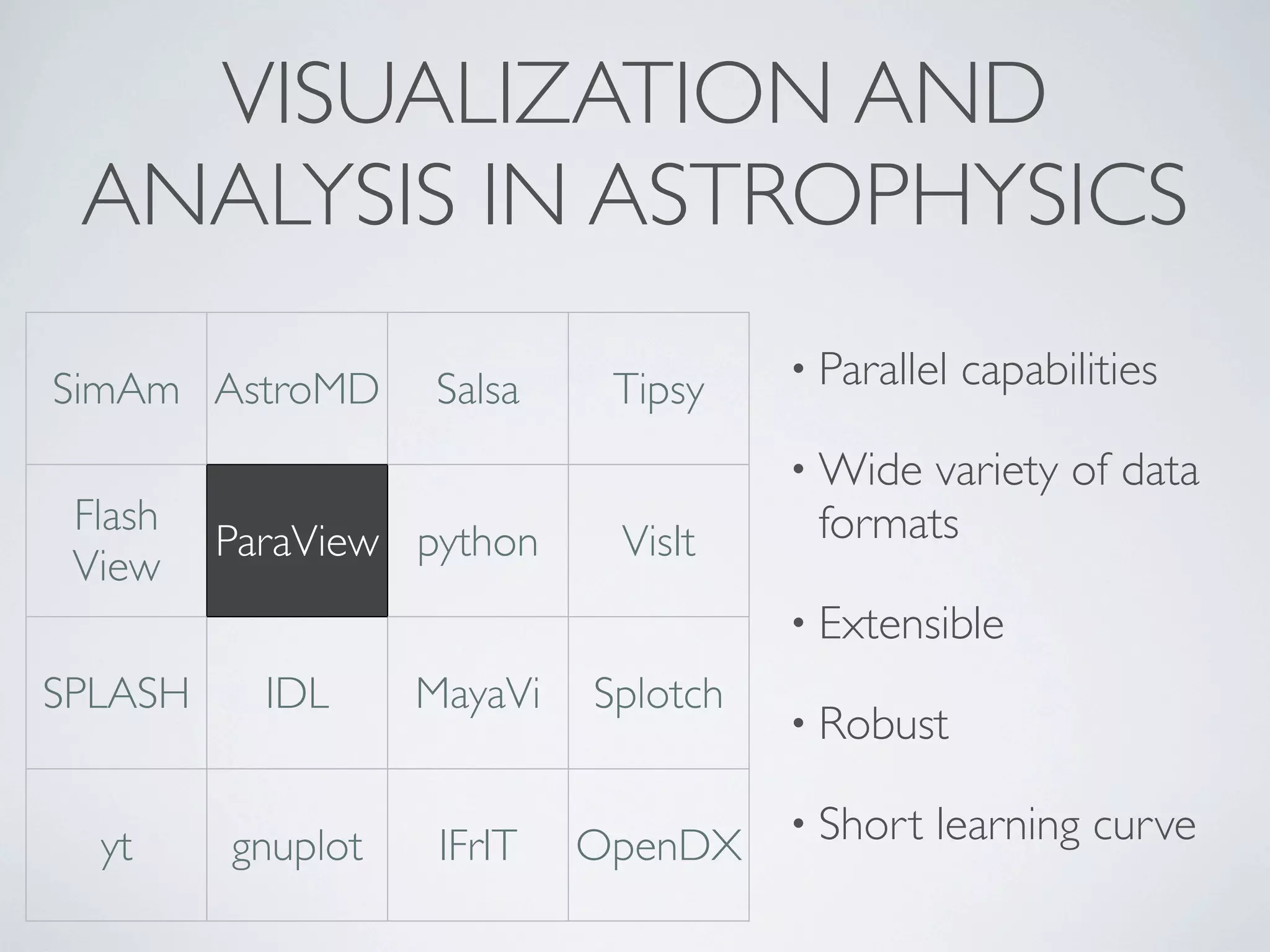 VISUALIZATION AND
ANALYSIS IN ASTROPHYSICS
• Parallel capabilities
• Wide variety of data
formats
• Extensible
• Robust
• Short learning curve
SimAm AstroMD Salsa Tipsy
Flash
View
ParaView python VisIt
SPLASH IDL MayaVi Splotch
yt gnuplot IFrIT OpenDX
 