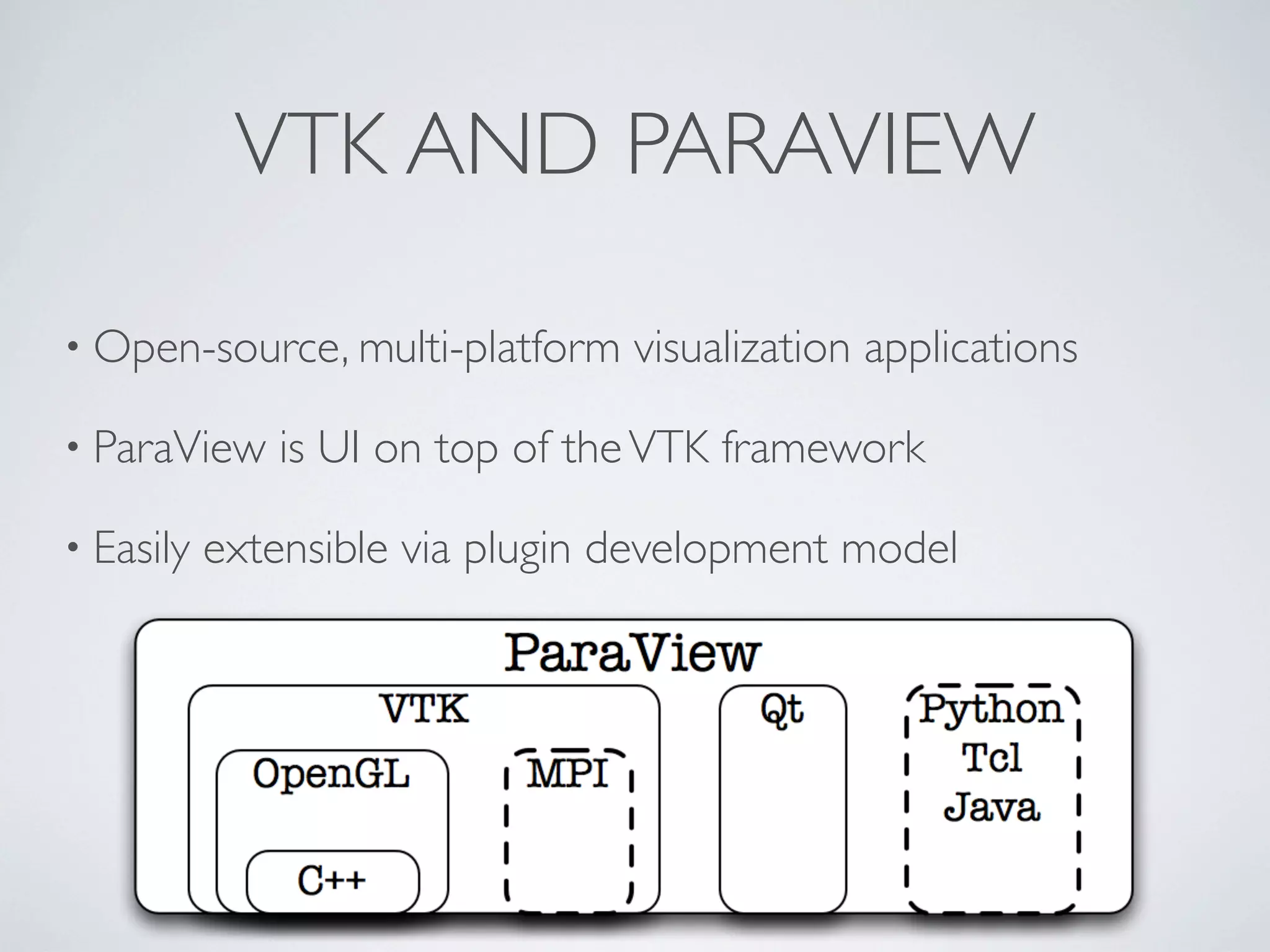 VTK AND PARAVIEW
• Open-source, multi-platform visualization applications
• ParaView is UI on top of theVTK framework
• Easily extensible via plugin development model
 