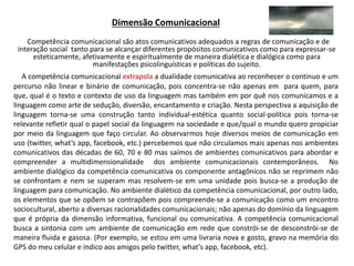 Dimensão Comunicacional
Competência comunicacional são atos comunicativos adequados a regras de comunicação e de
interação social tanto para se alcançar diferentes propósitos comunicativos como para expressar-se
esteticamente, afetivamente e espiritualmente de maneira dialética e dialógica como para
manifestações psicolinguísticas e políticas do sujeito.
A competência comunicacional extrapola a dualidade comunicativa ao reconhecer o contínuo e um
percurso não linear e binário de comunicação, pois concentra-se não apenas em para quem, para
que, qual é o texto e contexto de uso da linguagem mas também em por quê nos comunicamos e a
linguagem como arte de sedução, diversão, encantamento e criação. Nesta perspectiva a aquisição de
linguagem torna-se uma construção tanto individual-estética quanto social-política pois torna-se
relevante refletir qual o papel social da linguagem na sociedade e que/qual o mundo quero propiciar
por meio da linguagem que faço circular. Ao observarmos hoje diversos meios de comunicação em
uso (twitter, what’s app, facebook, etc.) percebemos que não circulamos mais apenas nos ambientes
comunicativos das décadas de 60, 70 e 80 mas saímos de ambientes comunicativos para abordar e
compreender a multidimensionalidade dos ambiente comunicacionais contemporâneos. No
ambiente dialógico da competência comunicativa os componente antagônicos não se reprimem não
se confrontam e nem se superam mas resolvem-se em uma unidade pois busca-se a produção de
linguagem para comunicação. No ambiente dialético da competência comunicacional, por outro lado,
os elementos que se opõem se contrapõem pois compreende-se a comunicação como um encontro
sociocultural, aberto a diversas racionalidades comunicacionais; não apenas do domínio da linguagem
que é própria da dimensão informativa, funcional ou comunicativa. A competência comunicacional
busca a sintonia com um ambiente de comunicação em rede que constrói-se de desconstrói-se de
maneira fluida e gasosa. (Por exemplo, se estou em uma livraria nova e gosto, gravo na memória do
GPS do meu celular e indico aos amigos pelo twitter, what’s app, facebook, etc).
 