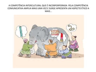 A COMPETÊNCIA INTERCULTURAL QUE É INCORPORPORADA PELA COMPETÊNCIA
COMUNICATIVA AMPLIA MAIS UMA VEZ E SURGE APRESENTA UM ASPECTO ÉTICO A
MAIS...
 