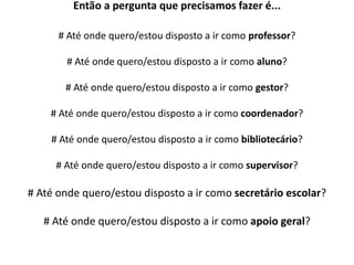 Então a pergunta que precisamos fazer é...
# Até onde quero/estou disposto a ir como professor?
# Até onde quero/estou disposto a ir como aluno?
# Até onde quero/estou disposto a ir como gestor?
# Até onde quero/estou disposto a ir como coordenador?
# Até onde quero/estou disposto a ir como bibliotecário?
# Até onde quero/estou disposto a ir como supervisor?
# Até onde quero/estou disposto a ir como secretário escolar?
# Até onde quero/estou disposto a ir como apoio geral?
 