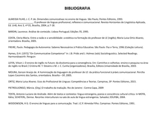 BIBLIOGRAFIA
ALMEIDA FILHO, J. C. P. de. Dimensões comunicativas no ensino de línguas. São Paulo; Pontes Editores, 1993.
___________________. O professor de línguas profissional, reflexivo e comunicacional. Revista Horizontes de Lingüística Aplicada,
Ed. UnB, Ano 3, nº 01, Brasília, 2004, p.7-18.
BARDIN, Laurence. Análise de conteúdo. Lisboa-Portugual; Edições 70, 1995.
COSTA, Cleria Maria. Entre a razão e a sensibilidade: a estética na formação do professor de LE (inglês); Maria Luisa Ortiz Alvarez,
orientadora. Brasília, 2005.
FREIRE, Paulo. Pedagogia da Autonomia: Saberes Necessários à Prática Educativa. São Paulo: Paz e Terra, 1996 (Coleção Leitura).
Hymes, D.H. (1972) “On Communicative Competence” In: J.B. Pride and J. Holmes (eds) Sociolinguistics. Selected Readings.
Harmondsworth: Penguin
LEFFA, Vilson J. O ensino do inglês no futuro: da dicotomia para a convergência. Em: Caminhos e colheitas: ensino e pesquisa na área
de inglês no Brasil / Cristina M. T. Stevens e M. J. C. Cunha (organizadoras). Brasília, Editora Universidade de Brasília, 2003.
MOURA, Gerson Araújo de. A hominização da linguagem do professor de LE: da prática funcional à práxis comunicacional. Percília
Lopes Cassimiro dos Santos, orientadora. Brasília – DF, 2005.
ORTIZ, Maria Luisa Alvarez. Ecos do Profissional de Línguas: Competências e Teorias. Campinas, SP: Pontes Editores, 2015.
PIETROLUONGO, Márcia. (Org.) O trabalho da tradução. Rio de Janeiro : Contra Capa, 2009
TOSTA, Antonio Luciano de Andrade. Além de textos e contextos: língua estrangeira, poesia e consciência cultural crítica. In MOTA,
Kátia; SCHEYERL, Denise. Recortes interculturais na sala de aula de língua estrangeiras. Salvador, EDUFBA, 2004.
WIDDOWSON, H G. O ensino de línguas para a comunicação. Trad. J.C.P. Almeida Filho. Campinas: Pontes Editores, 1991.
 