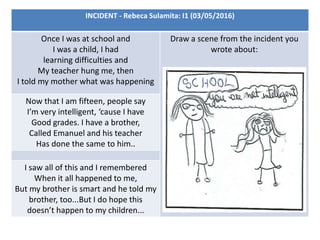 INCIDENT - Rebeca Sulamita: I1 (03/05/2016)
Once I was at school and
I was a child, I had
learning difficulties and
My teacher hung me, then
I told my mother what was happening
Draw a scene from the incident you
wrote about:
Now that I am fifteen, people say
I’m very intelligent, ‘cause I have
Good grades. I have a brother,
Called Emanuel and his teacher
Has done the same to him..
I saw all of this and I remembered
When it all happened to me,
But my brother is smart and he told my
brother, too...But I do hope this
doesn’t happen to my children...
 