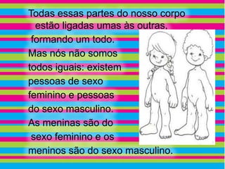 Todas essas partes do nosso corpo
  estão ligadas umas às outras,
 formando um todo.
Mas nós não somos
todos iguais: existem
pessoas de sexo
feminino e pessoas
do sexo masculino.
As meninas são do
 sexo feminino e os
meninos são do sexo masculino.
 