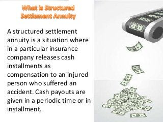 A structured settlement
annuity is a situation where
in a particular insurance
company releases cash
installments as
compensation to an injured
person who suffered an
accident. Cash payouts are
given in a periodic time or in
installment.

 