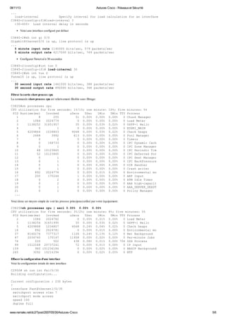 08/11/13 Astuces Cisco - Réseauxet Sécurité
www.nemako.net/dc2/?post/2007/05/30/Astuces-Cisco 5/6
...
load-interval Specify interval for load calculation for an interface
C3845-2(config-if)#load-interval ?
<30-600> Load interval delay in seconds
Voici une interface configuré par défaut
C3845-2#sh int gi 0/0
GigabitEthernet0/0 is up, line protocol is up
...
5 minute input rate 2140000 bits/sec, 579 packets/sec
5 minute output rate 6217000 bits/sec, 769 packets/sec
Configurer l'interval à 30 secondes
C3845-2(config)#int tun 0
C3845-2(config-if)# load-interval 30
C3845-2#sh int tun 0
Tunnel0 is up, line protocol is up
...
30 second input rate 1461000 bits/sec, 388 packets/sec
30 second output rate 892000 bits/sec, 368 packets/sec
Filtrer la sortie showprocess cpu
La commande showprocess cpu est relativement illisible sans filtrage:
C3825#sh processes cpu
CPU utilization for five seconds: 1%/1%; one minute: 10%; five minutes: 5%
PID Runtime(ms) Invoked uSecs 5Sec 1Min 5Min TTY Process
1 8 255 31 0.00% 0.00% 0.00% 0 Chunk Manager
2 1084 2024779 0 0.00% 0.00% 0.00% 0 Load Meter
3 1138252 31651957 35 0.00% 0.03% 0.02% 0 OSPF-1 Hello
4 0 1 0 0.00% 0.00% 0.00% 0 EDDRI_MAIN
5 4209864 1034803 4068 0.00% 0.03% 0.02% 0 Check heaps
6 2448 3992 613 0.00% 0.00% 0.00% 0 Pool Manager
7 0 2 0 0.00% 0.00% 0.00% 0 Timers
8 0 168733 0 0.00% 0.00% 0.00% 0 IPC Dynamic Cach
9 0 1 0 0.00% 0.00% 0.00% 0 IPC Zone Manager
10 48 10123865 0 0.00% 0.00% 0.00% 0 IPC Periodic Tim
11 52 10123865 0 0.00% 0.00% 0.00% 0 IPC Deferred Por
12 0 1 0 0.00% 0.00% 0.00% 0 IPC Seat Manager
13 0 1 0 0.00% 0.00% 0.00% 0 IPC BackPressure
14 0 1 0 0.00% 0.00% 0.00% 0 OIR Handler
15 0 1 0 0.00% 0.00% 0.00% 0 Crash writer
16 892 2024778 0 0.00% 0.01% 0.00% 0 Environmental mo
17 200 170244 1 0.00% 0.00% 0.00% 0 ARP Input
18 0 2 0 0.00% 0.00% 0.00% 0 ATM Idle Timer
19 0 2 0 0.00% 0.00% 0.00% 0 AAA high-capacit
20 0 1 0 0.00% 0.00% 0.00% 0 AAA_SERVER_DEADT
21 0 1 0 0.00% 0.00% 0.00% 0 Policy Manager
...
Voici donc un moyen simple de voir les process principauxutilisé par votre équipement:
C3825#sh processes cpu | excl 0.00% 0.00% 0.00%
CPU utilization for five seconds: 3%/2%; one minute: 8%; five minutes: 5%
PID Runtime(ms) Invoked uSecs 5Sec 1Min 5Min TTY Process
2 1084 2024782 0 0.00% 0.01% 0.00% 0 Load Meter
3 1138256 31651995 35 0.00% 0.03% 0.02% 0 OSPF-1 Hello
5 4209888 1034807 4068 0.24% 0.04% 0.02% 0 Check heaps
16 892 2024781 0 0.00% 0.01% 0.00% 0 Environmental mo
37 8160276 7377317 1106 0.24% 0.13% 0.12% 0 Net Background
47 2034740 170147 11958 0.00% 0.02% 0.00% 0 Per-minute Jobs
76 220 502 438 0.08% 0.01% 0.00% 706 SSH Process
99 1512248 20737241 72 0.00% 0.01% 0.00% 0 IP Input
159 960 101236184 0 0.00% 0.02% 0.00% 0 RBSCP Background
265 3092 10216394 0 0.00% 0.02% 0.05% 0 NTP
Effacer la configuration d'une interface
Voici la configuration intiale de mon interface
C2950# sh run int Fa1/0/35
Building configuration...
Current configuration : 230 bytes
!
interface FastEthernet1/0/35
switchport access vlan 7
switchport mode access
speed 100
duplex full
 