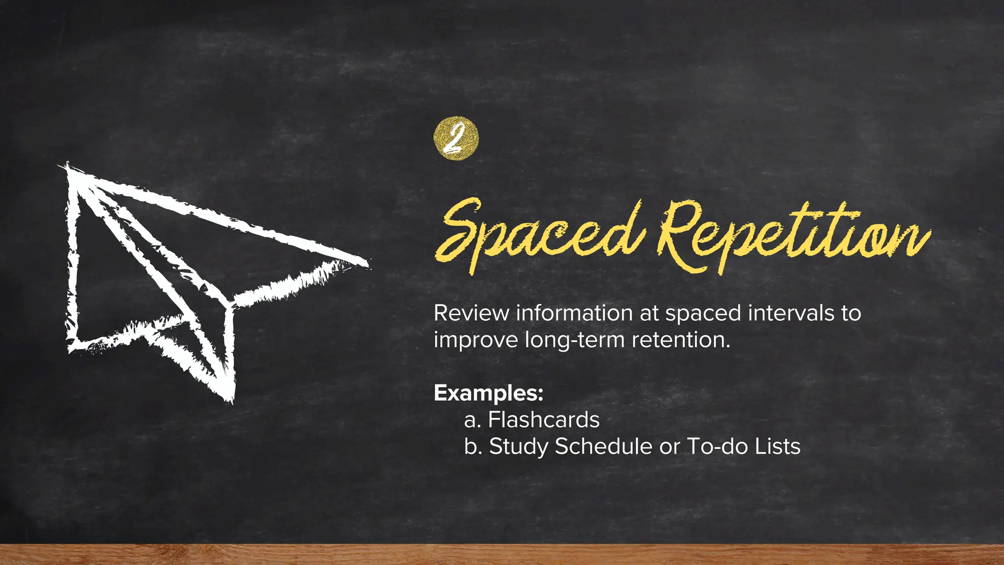Spaced Repetition
Review information at spaced intervals to
improve long-term retention.
Examples:
a. Flashcards
b. Study Schedule or To-do Lists
2
 