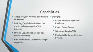 Capabilities 
• These are your Knowns and Known 
Unknowns 
• Building Capabilities is often the 
most challenging part of the 
process. 
• Diverse Capabilities are key to a 
successful effort 
• Be Careful not to center on a single 
capability 
• Example: 
• EDDIE Robotics Research 
Platform 
• Kinect Game Sensor 
• Windows 8 Alpha SDK 
• Phidgets Hardware Interface 
System 
 