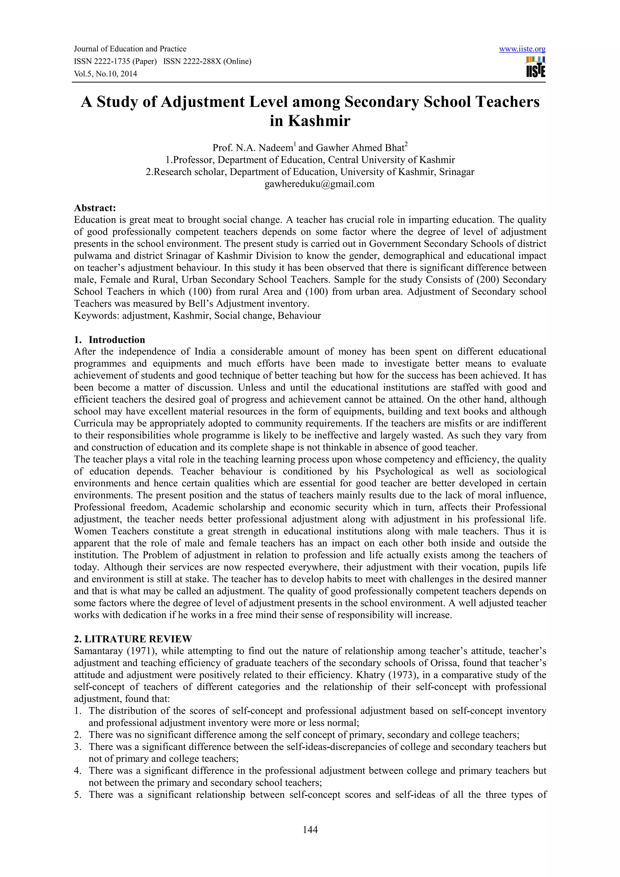 A study of adjustment level among secondary school teachers in kashmir ...