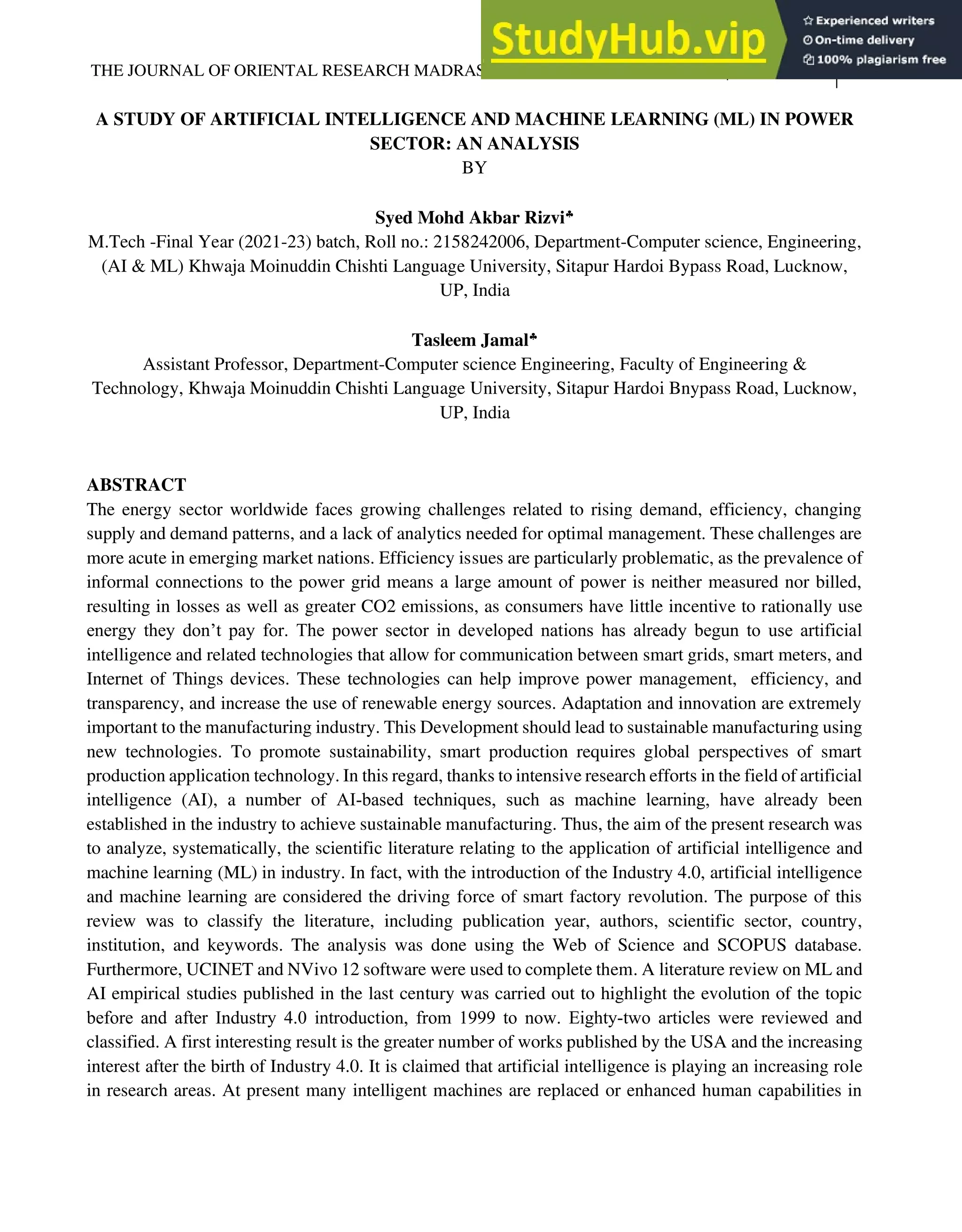 A Study Of Artificial Intelligence And Machine Learning In Power Sector ...