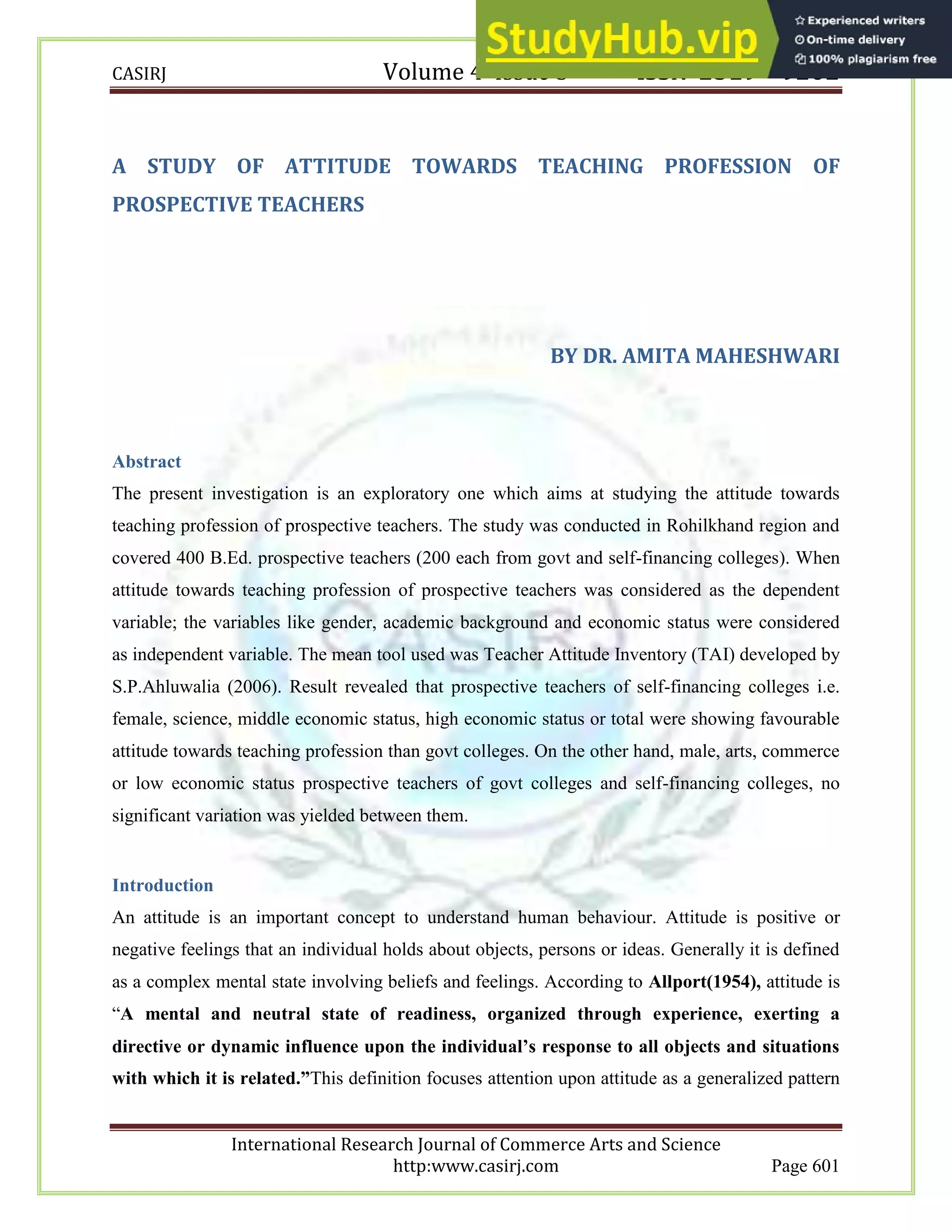 A STUDY OF ATTITUDE TOWARDS TEACHING PROFESSION OF PROSPECTIVE TEACHERS ...