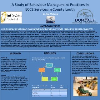 A Study of Behaviour Management Practices in
ECCE Services in County Louth
Dr. Áine McKenna
INTRODUCTION
QUALITY ALONE DOES NOT IMPACT ON BEHAVIOURAL AND EMOTIONAL OUTCOMES: WHAT ARE WE GOING TO DO ABOUT IT?
Recent longitudinal research from the US has suggested that ‘quality‘ early childhood care and education may not have any reliable impact on behavioural
and emotional outcomes (Keys et al., 2013). A very recent study conducted in the UK (Stein et al., 2012) found that the strongest predictor of behavioural and
emotional outcomes came from the child’s home environment. In addition to this Stein et al., (2012) found evidence that centre based care may actually
contribute to behavioural problems in ‘at risk’ children. Earlier findings from the EPPE study (Sylva et al., 2004) also revealed that children who attended nursery
before the age of two, exhibited higher levels of anti-social and worried behaviour when they attended school. This study aimed to examine why quality
childcare may be failing to impact on emotional and behavioural outcomes. This study argues that unless the approach adopted by a service is evidence based ,
it is vey unlikely to affect child outcomes. This study argues that the ECCE sector needs to adopt an evidence based approach to working with children who may
be displaying externalising and or internalising symptoms. The ability to self regulate has been found to be the key mediator of resilient outcomes in vulnerable
populations and it is important that this mediating pathway is targeted early in the child’s life. ECCE services offer the optimal pathway for implementing an
evidence based approach to teaching self regulation that includes involvement of the child’s family.
FINDINGSMETHOD
Sampling
Louth County Childcare Committee made
contact with the 121 service providers in
their region and requested anonymised
copies of their behaviour management
policies. Forty percent of service providers
participated in the survey and of this 40%,
23 % had attended training in behaviour
management.
Analysis
The researcher conducted a document
analysis on the policies (Rapley, 2007) . The
analysis aimed to investigate if the outlined
procedures were congruent with current
empirical findings in relation to what works
(Dunlap et al., 2006) in terms of delivering
adaptive emotional and behavioural
outcomes in young children.
Functional
Assessment
Modify
Antecedents
Modify
Consequences
Teach Replacement
Social and
Emotional Skills
Include &
collaborate with the
family
Components of an Evidence Based Intervention Model
(Dunlap et al., 2006)
Therapeutic Components in the
Louth Sample
Train
(N=28)
No Train
(N=21)
Functional Assessment (FA) 0 0
Teach Skills 0 0
Involve families 23 14
CONCLUSIONS
• Current Practice in County Louth Is not
evidence based and therefore is unlikely to
shape self regulation skills in young children
• Developing an evidence based approach to
behaviour management in ECCE settings In
County Louth will hopefully mark the next
phase of this research project
•LCCC endeavour to implement and evaluate
The Incredible Years Intervention Programme
in order to address the issues high lighted by
this research.
 