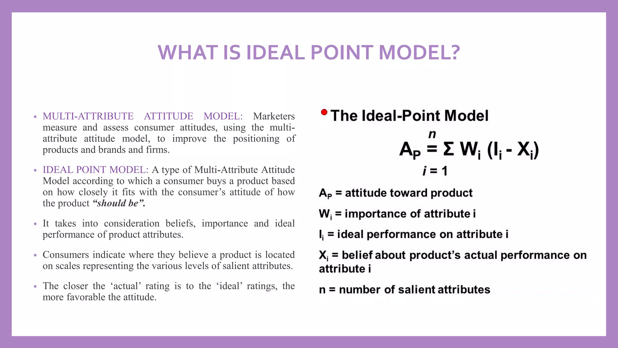 WHAT IS IDEAL POINT MODEL?
• MULTI-ATTRIBUTE ATTITUDE MODEL: Marketers
measure and assess consumer attitudes, using the multi-
attribute attitude model, to improve the positioning of
products and brands and firms.
• IDEAL POINT MODEL: A type of Multi-Attribute Attitude
Model according to which a consumer buys a product based
on how closely it fits with the consumer’s attitude of how
the product “should be”.
• It takes into consideration beliefs, importance and ideal
performance of product attributes.
• Consumers indicate where they believe a product is located
on scales representing the various levels of salient attributes.
• The closer the ‘actual’ rating is to the ‘ideal’ ratings, the
more favorable the attitude.
 