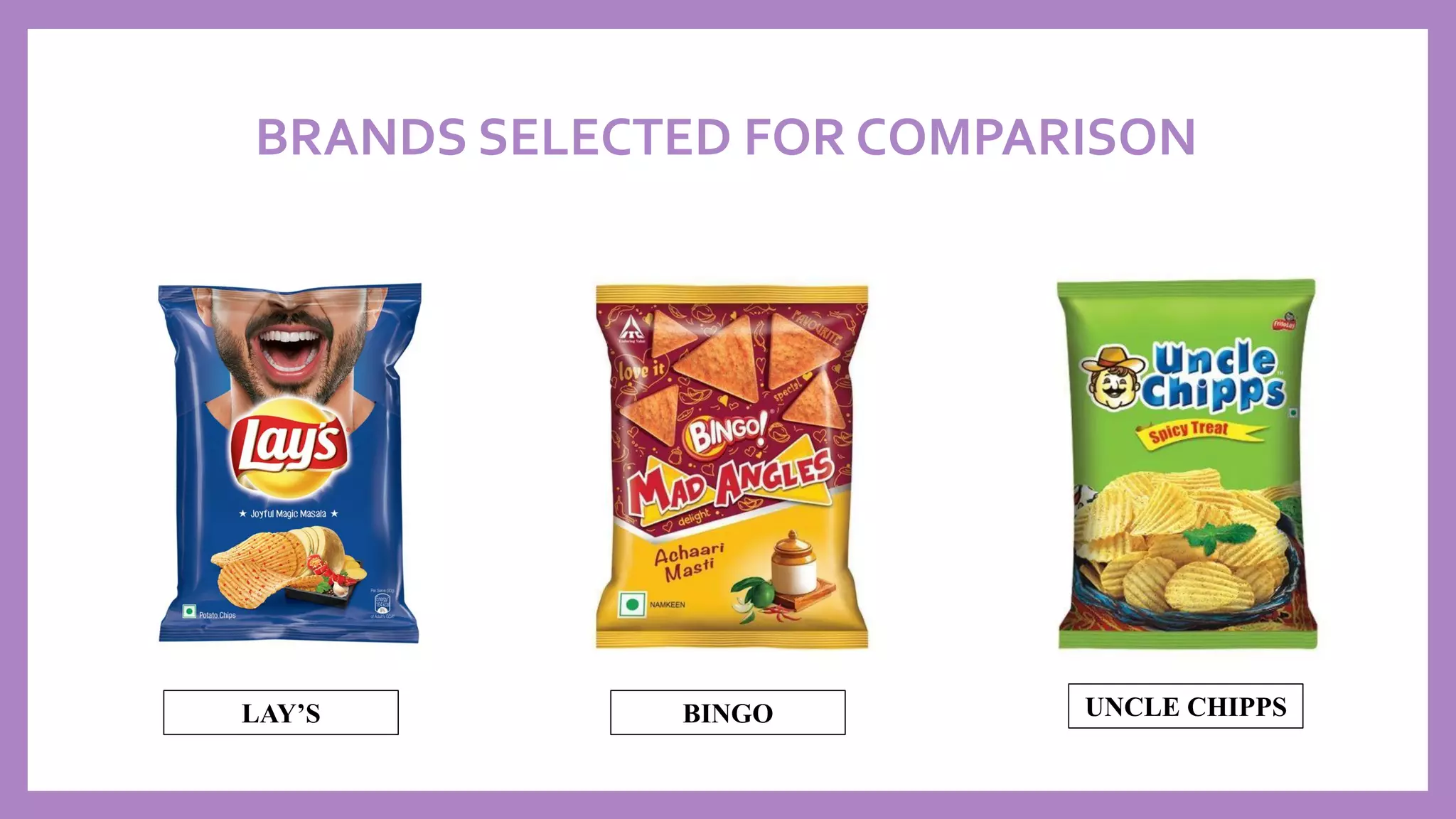 BRANDS SELECTED FOR COMPARISON
LAY’S BINGO UNCLE CHIPPS
 