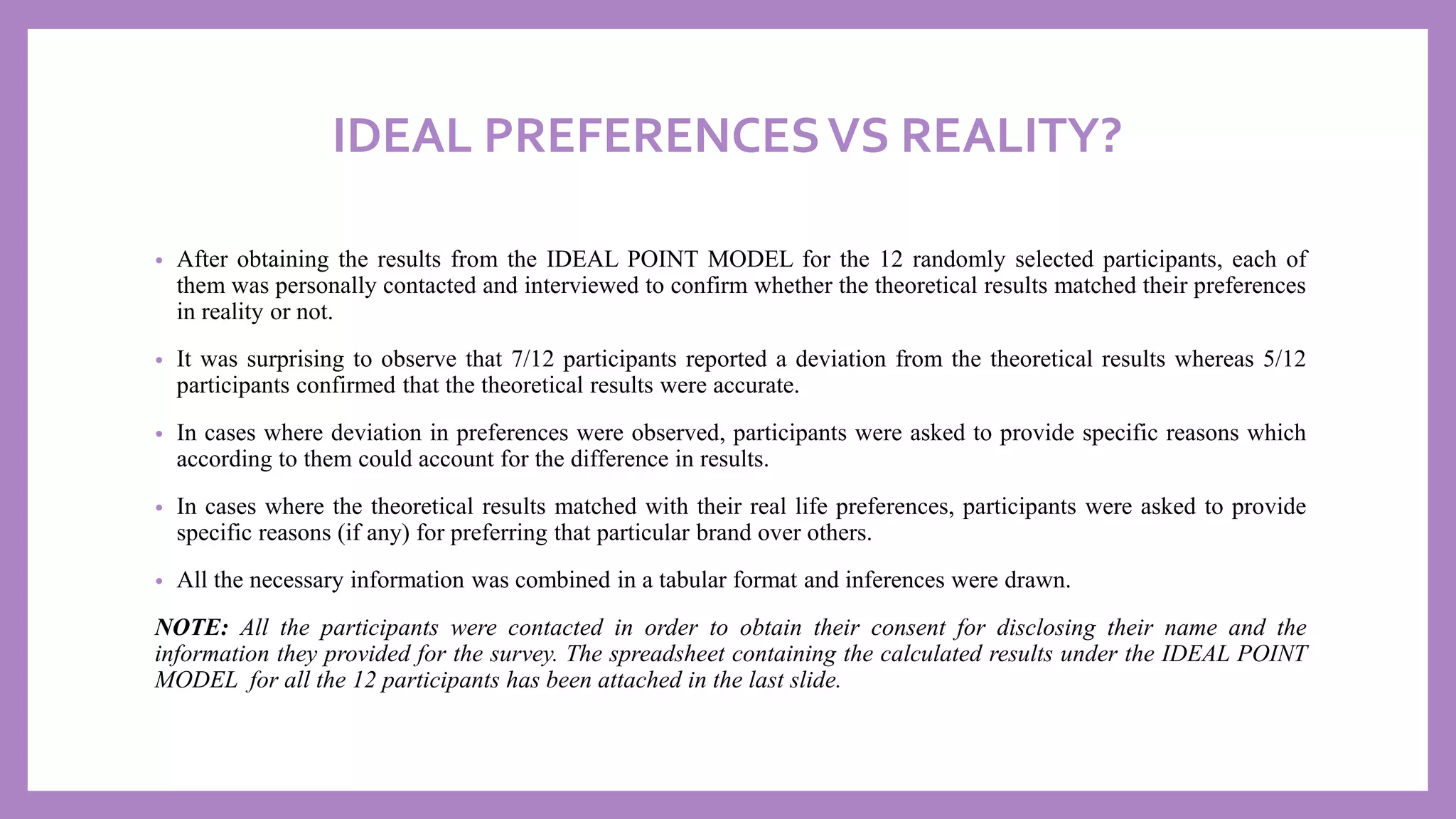 IDEAL PREFERENCESVS REALITY?
• After obtaining the results from the IDEAL POINT MODEL for the 12 randomly selected participants, each of
them was personally contacted and interviewed to confirm whether the theoretical results matched their preferences
in reality or not.
• It was surprising to observe that 7/12 participants reported a deviation from the theoretical results whereas 5/12
participants confirmed that the theoretical results were accurate.
• In cases where deviation in preferences were observed, participants were asked to provide specific reasons which
according to them could account for the difference in results.
• In cases where the theoretical results matched with their real life preferences, participants were asked to provide
specific reasons (if any) for preferring that particular brand over others.
• All the necessary information was combined in a tabular format and inferences were drawn.
NOTE: All the participants were contacted in order to obtain their consent for disclosing their name and the
information they provided for the survey. The spreadsheet containing the calculated results under the IDEAL POINT
MODEL for all the 12 participants has been attached in the last slide.
 