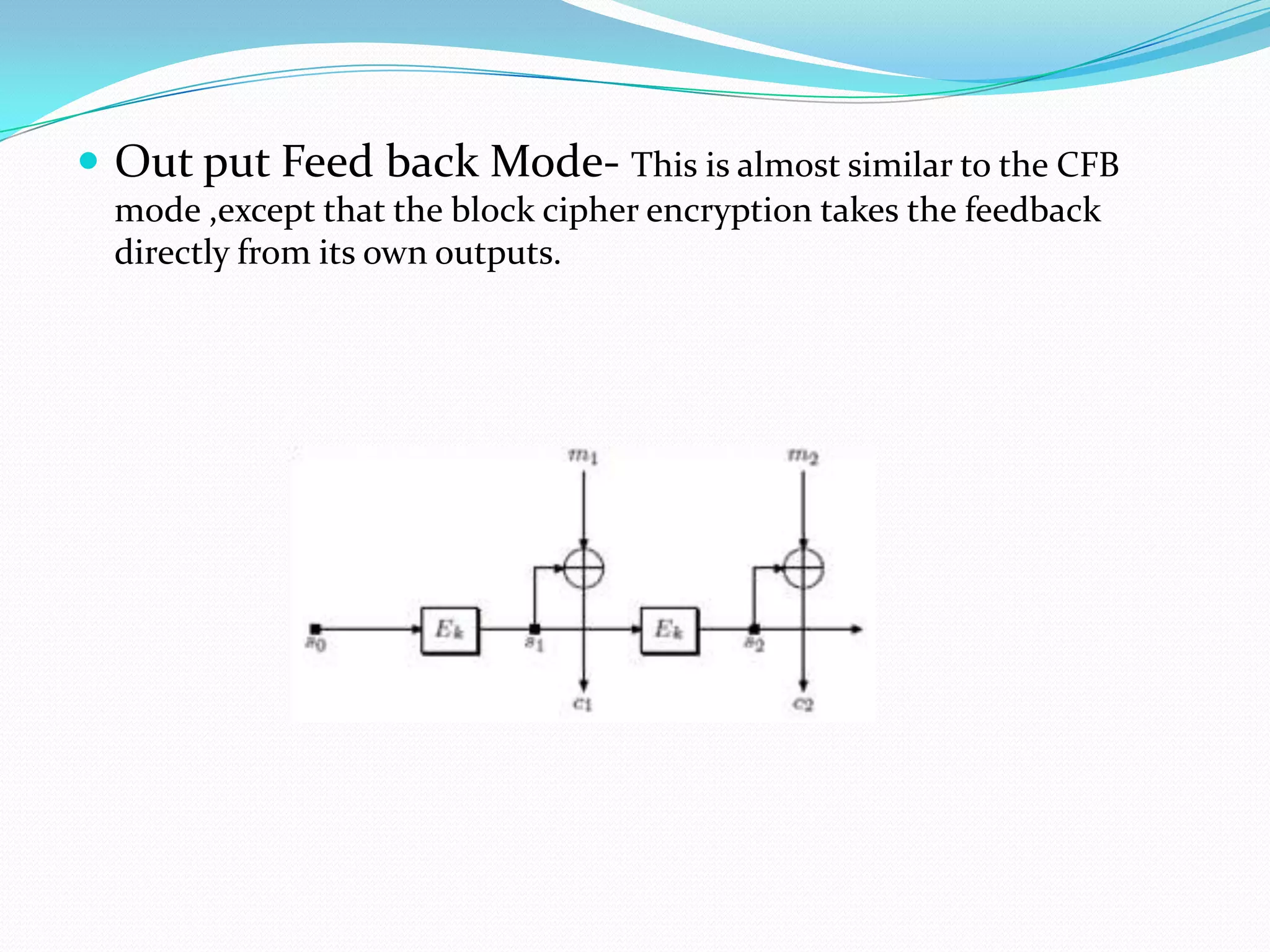 Out put Feed back Mode- This is almost similar to the CFB
  mode ,except that the block cipher encryption takes the feedback
  directly from its own outputs.
 