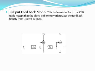  Out put Feed back Mode- This is almost similar to the CFB
  mode ,except that the block cipher encryption takes the feedback
  directly from its own outputs.
 