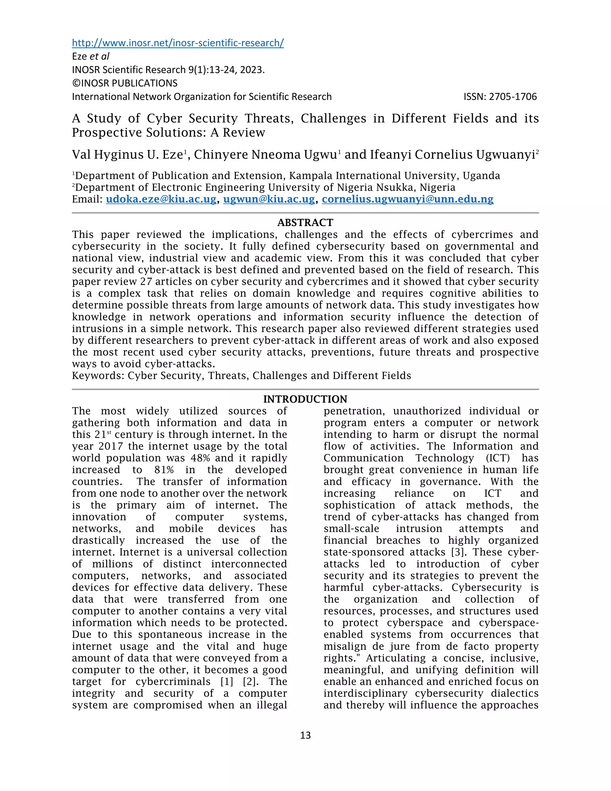 A Study of Cyber Security Threats, Challenges in Different Fields and ...