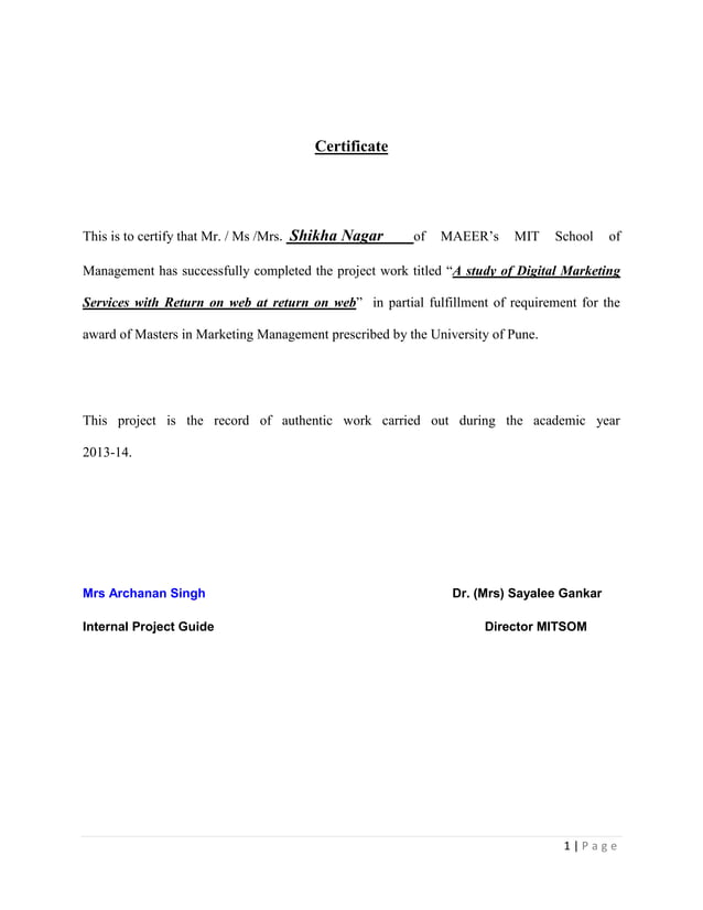 Project Report On A Study Of Digital Marketing Services 