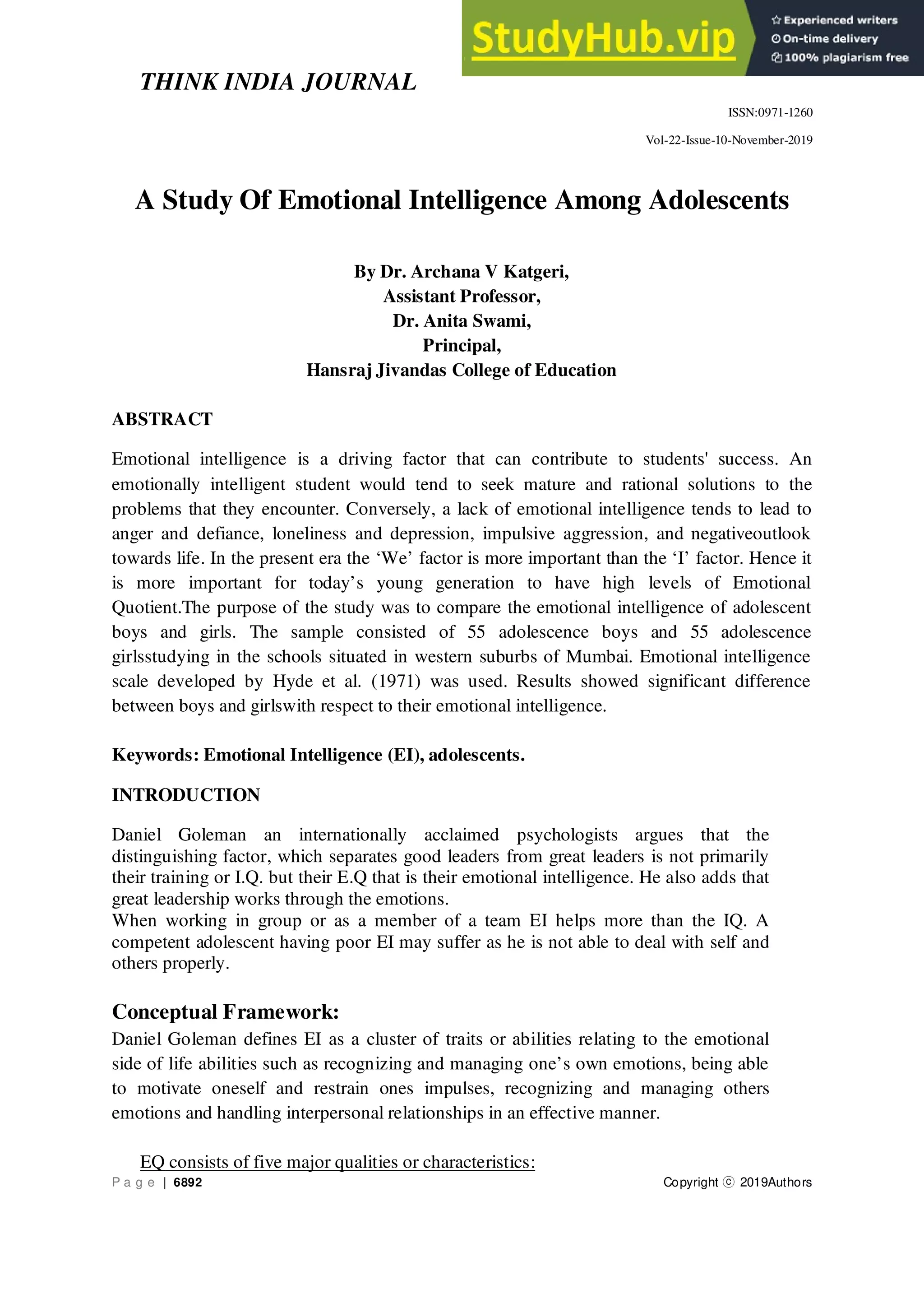 A Study Of Emotional Intelligence Among Adolescents | PDF
