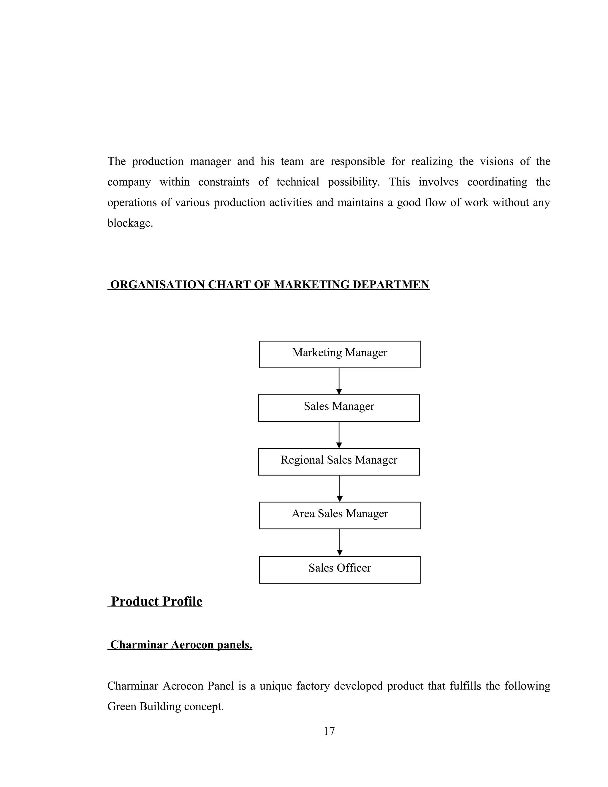 The production manager and his team are responsible for realizing the visions of the
company within constraints of technical possibility. This involves coordinating the
operations of various production activities and maintains a good flow of work without any
blockage.
ORGANISATION CHART OF MARKETING DEPARTMEN
Product Profile
Charminar Aerocon panels.
Charminar Aerocon Panel is a unique factory developed product that fulfills the following
Green Building concept.
17
Marketing Manager
Sales Manager
Regional Sales Manager
Area Sales Manager
Sales Officer
 