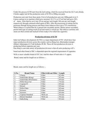 Under this process ILTD start from the leaf cutting, which he received from his GLT unit chirala.
Chirala supply leaf all the production units of ILTD in 200kg size pack.
Production unit start from there point, First of all production unit cuts 200kg.pack in to 5-
6 piece and put in to machine which give moisture 10-11% to 21%of leaf and up to 38%
of stamc. After that he cut it into 30 cut and per inch length 140 cuts per inch length
respectively through cottoned rolled squire (CRS). After the processing of cutting leaf he
possesses through drying process and these times tobaccos have up to 15% moisturizer.
When tobacco is cooled then he is passed into secondary proem. Before passes secondary
proem both type of cutting result [Leaf and stems] is mixed up. The tobacco carmines and
stems are then cooled and stacked in bins-ready to be rolled into cigarettes.
Production division of ILTD
India leaf tobacco development (ILTD) is a major department of ITC which have four
major production division across the country such as Bang lore, (Karnataka) munger
(Bihar), Saharanpur (U.P.)& Kolkatta (W.B). These all four-production division is
producing billion cigarettes per year.
One thing is cam man amery all production division is that all units producing will’s
brand and other brand of IRC is depended upon the regional requirement of cigarettes.
Wills is most valuable brand of ITC Ltd. And his share of total sales is % appox.
Brand, name and his length are as follows: -.
Brand, name and his length are as follows: -.
S.No. Brand Name Filter/with out Filter Length
1 Classic Filter 82 mm
2 Gold Flake (King) Filter 82 mm
3 Gold Flake (Premiums) Filter 69 mm
4 Wills Navy Cut Filter 74 mm
5 Capstan Fl Filter 69 mm
6 Bristol Filter 69 mm
7 Wills Flake Filter 69 mm
8 Scissors Filter 69 mm
9 Scissors Filter 69 mm
10 Capstan Standard With out 58 mm
11 Bristol Standard With out 58 mm
12 India King Filter 82 mm
 