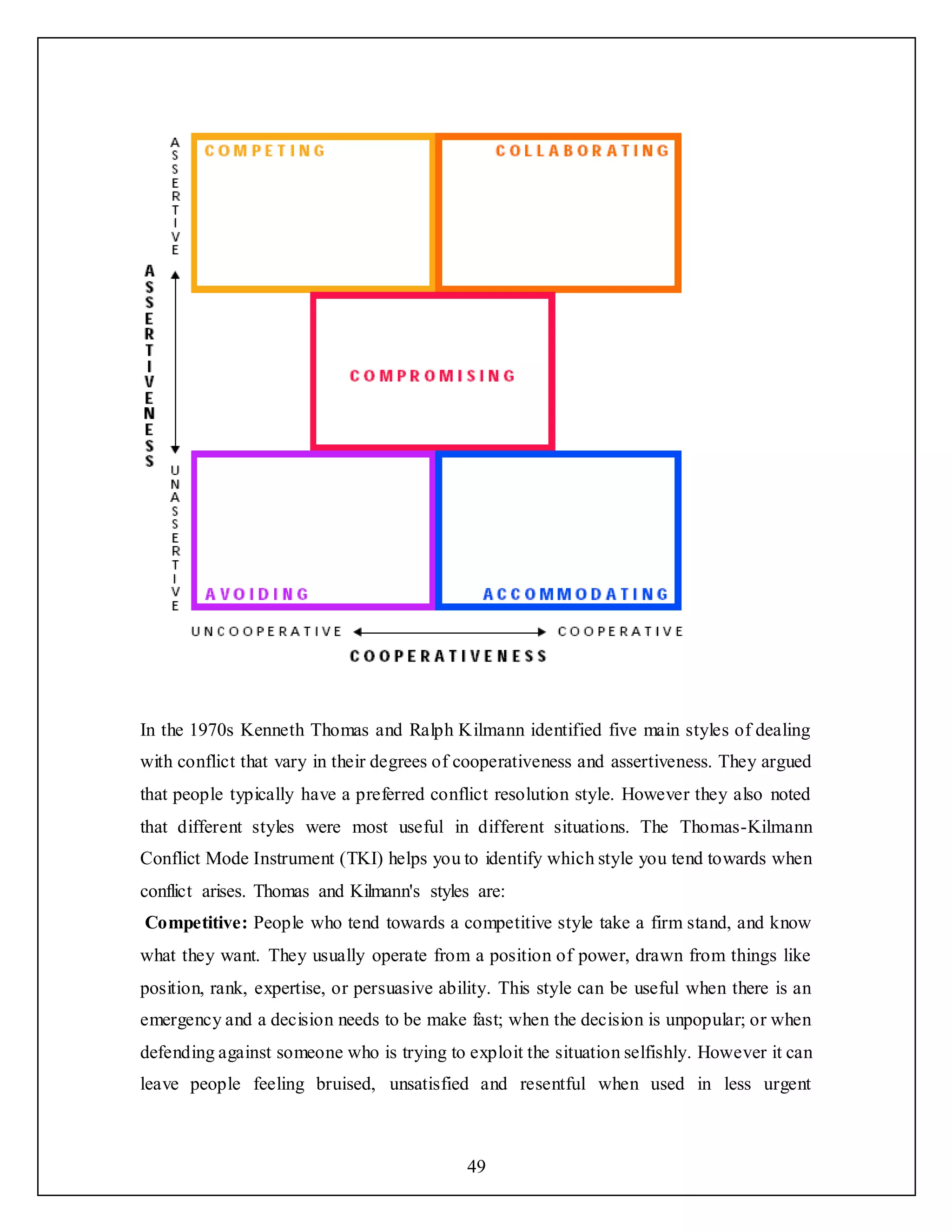 49
In the 1970s Kenneth Thomas and Ralph Kilmann identified five main styles of dealing
with conflict that vary in their degrees of cooperativeness and assertiveness. They argued
that people typically have a preferred conflict resolution style. However they also noted
that different styles were most useful in different situations. The Thomas-Kilmann
Conflict Mode Instrument (TKI) helps you to identify which style you tend towards when
conflict arises. Thomas and Kilmann's styles are:
Competitive: People who tend towards a competitive style take a firm stand, and know
what they want. They usually operate from a position of power, drawn from things like
position, rank, expertise, or persuasive ability. This style can be useful when there is an
emergency and a decision needs to be make fast; when the decision is unpopular; or when
defending against someone who is trying to exploit the situation selfishly. However it can
leave people feeling bruised, unsatisfied and resentful when used in less urgent
 