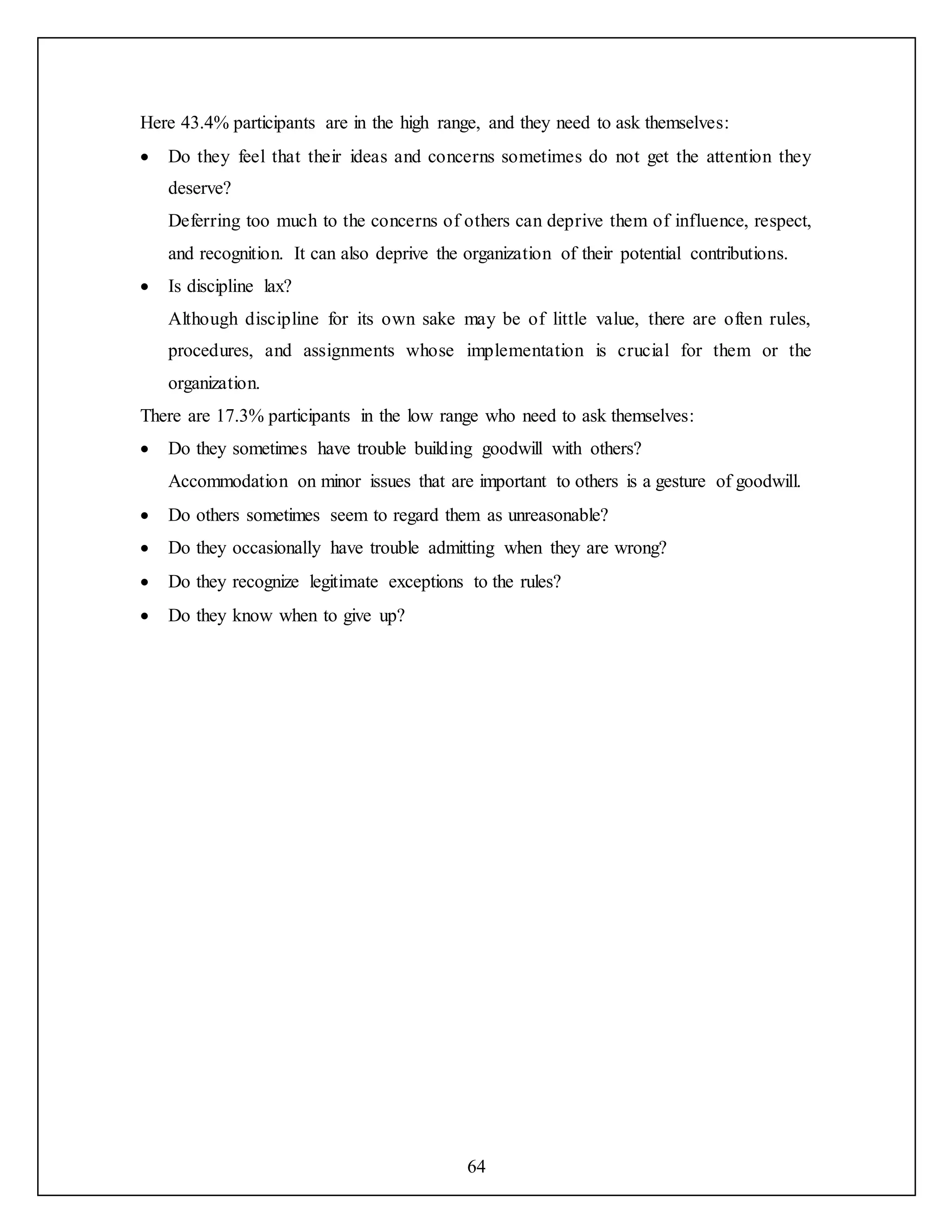 64
Here 43.4% participants are in the high range, and they need to ask themselves:
 Do they feel that their ideas and concerns sometimes do not get the attention they
deserve?
Deferring too much to the concerns of others can deprive them of influence, respect,
and recognition. It can also deprive the organization of their potential contributions.
 Is discipline lax?
Although discipline for its own sake may be of little value, there are often rules,
procedures, and assignments whose implementation is crucial for them or the
organization.
There are 17.3% participants in the low range who need to ask themselves:
 Do they sometimes have trouble building goodwill with others?
Accommodation on minor issues that are important to others is a gesture of goodwill.
 Do others sometimes seem to regard them as unreasonable?
 Do they occasionally have trouble admitting when they are wrong?
 Do they recognize legitimate exceptions to the rules?
 Do they know when to give up?
 