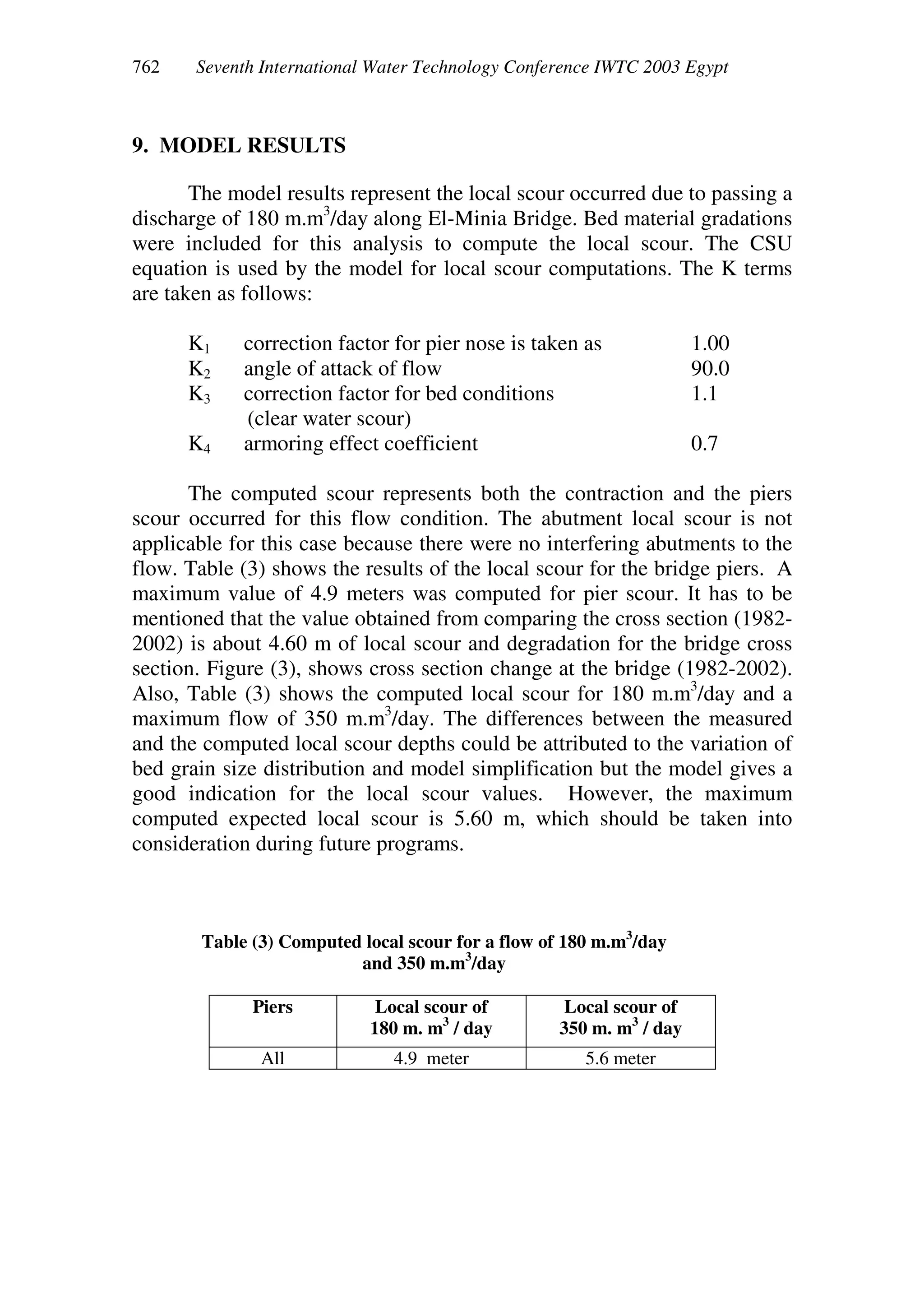 Seventh International Water Technology Conference IWTC 2003 Egypt
9. MODEL RESULTS
The model results represent the local scour occurred due to passing a
discharge of 180 m.m3
/day along El-Minia Bridge. Bed material gradations
were included for this analysis to compute the local scour. The CSU
equation is used by the model for local scour computations. The K terms
are taken as follows:
K1 correction factor for pier nose is taken as 1.00
K2 angle of attack of flow 90.0
K3 correction factor for bed conditions 1.1
(clear water scour)
K4 armoring effect coefficient 0.7
The computed scour represents both the contraction and the piers
scour occurred for this flow condition. The abutment local scour is not
applicable for this case because there were no interfering abutments to the
flow. Table (3) shows the results of the local scour for the bridge piers. A
maximum value of 4.9 meters was computed for pier scour. It has to be
mentioned that the value obtained from comparing the cross section (1982-
2002) is about 4.60 m of local scour and degradation for the bridge cross
section. Figure (3), shows cross section change at the bridge (1982-2002).
Also, Table (3) shows the computed local scour for 180 m.m3
/day and a
maximum flow of 350 m.m3
/day. The differences between the measured
and the computed local scour depths could be attributed to the variation of
bed grain size distribution and model simplification but the model gives a
good indication for the local scour values. However, the maximum
computed expected local scour is 5.60 m, which should be taken into
consideration during future programs.
Table (3) Computed local scour for a flow of 180 m.m3
/day
and 350 m.m3
/day
Piers Local scour of
180 m. m3
/ day
Local scour of
350 m. m3
/ day
All 4.9 meter 5.6 meter
 