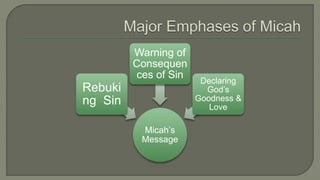 Micah’s
Message
Rebuki
ng Sin
Warning of
Consequen
ces of Sin
Declaring
God’s
Goodness &
Love
 