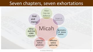 Seven chapters, seven exhortations
Micah
Man
has no
defence
Dangers of
covetousness
Symmetry
of divine
justice
A study of Micah(2) 5
Affliction
before
gathering
Littleness
before
greatness
What
doth the
LORD
require?
God
and
mercy
 