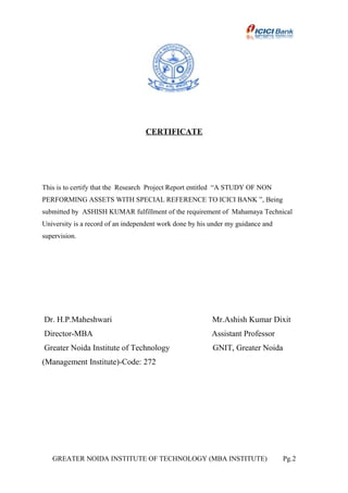 A study of non performing assets with special reference to icici bank