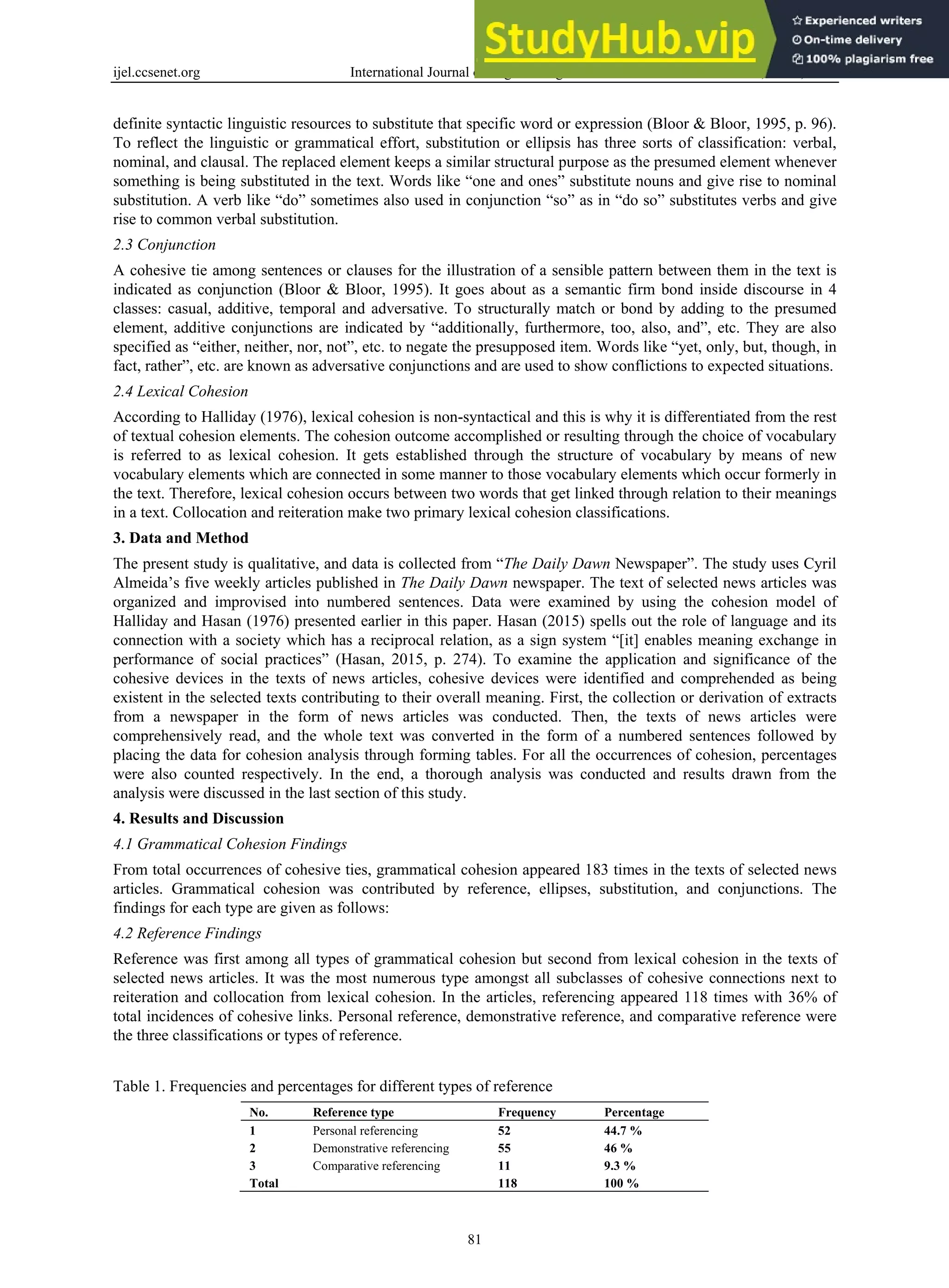 ijel.ccsenet.org International Journal of English Linguistics Vol. 9, No. 5; 2019
81
definite syntactic linguistic resources to substitute that specific word or expression (Bloor & Bloor, 1995, p. 96).
To reflect the linguistic or grammatical effort, substitution or ellipsis has three sorts of classification: verbal,
nominal, and clausal. The replaced element keeps a similar structural purpose as the presumed element whenever
something is being substituted in the text. Words like “one and ones” substitute nouns and give rise to nominal
substitution. A verb like “do” sometimes also used in conjunction “so” as in “do so” substitutes verbs and give
rise to common verbal substitution.
2.3 Conjunction
A cohesive tie among sentences or clauses for the illustration of a sensible pattern between them in the text is
indicated as conjunction (Bloor & Bloor, 1995). It goes about as a semantic firm bond inside discourse in 4
classes: casual, additive, temporal and adversative. To structurally match or bond by adding to the presumed
element, additive conjunctions are indicated by “additionally, furthermore, too, also, and”, etc. They are also
specified as “either, neither, nor, not”, etc. to negate the presupposed item. Words like “yet, only, but, though, in
fact, rather”, etc. are known as adversative conjunctions and are used to show conflictions to expected situations.
2.4 Lexical Cohesion
According to Halliday (1976), lexical cohesion is non-syntactical and this is why it is differentiated from the rest
of textual cohesion elements. The cohesion outcome accomplished or resulting through the choice of vocabulary
is referred to as lexical cohesion. It gets established through the structure of vocabulary by means of new
vocabulary elements which are connected in some manner to those vocabulary elements which occur formerly in
the text. Therefore, lexical cohesion occurs between two words that get linked through relation to their meanings
in a text. Collocation and reiteration make two primary lexical cohesion classifications.
3. Data and Method
The present study is qualitative, and data is collected from “The Daily Dawn Newspaper”. The study uses Cyril
Almeida’s five weekly articles published in The Daily Dawn newspaper. The text of selected news articles was
organized and improvised into numbered sentences. Data were examined by using the cohesion model of
Halliday and Hasan (1976) presented earlier in this paper. Hasan (2015) spells out the role of language and its
connection with a society which has a reciprocal relation, as a sign system “[it] enables meaning exchange in
performance of social practices” (Hasan, 2015, p. 274). To examine the application and significance of the
cohesive devices in the texts of news articles, cohesive devices were identified and comprehended as being
existent in the selected texts contributing to their overall meaning. First, the collection or derivation of extracts
from a newspaper in the form of news articles was conducted. Then, the texts of news articles were
comprehensively read, and the whole text was converted in the form of a numbered sentences followed by
placing the data for cohesion analysis through forming tables. For all the occurrences of cohesion, percentages
were also counted respectively. In the end, a thorough analysis was conducted and results drawn from the
analysis were discussed in the last section of this study.
4. Results and Discussion
4.1 Grammatical Cohesion Findings
From total occurrences of cohesive ties, grammatical cohesion appeared 183 times in the texts of selected news
articles. Grammatical cohesion was contributed by reference, ellipses, substitution, and conjunctions. The
findings for each type are given as follows:
4.2 Reference Findings
Reference was first among all types of grammatical cohesion but second from lexical cohesion in the texts of
selected news articles. It was the most numerous type amongst all subclasses of cohesive connections next to
reiteration and collocation from lexical cohesion. In the articles, referencing appeared 118 times with 36% of
total incidences of cohesive links. Personal reference, demonstrative reference, and comparative reference were
the three classifications or types of reference.
Table 1. Frequencies and percentages for different types of reference
No. Reference type Frequency Percentage
1 Personal referencing 52 44.7 %
2 Demonstrative referencing 55 46 %
3 Comparative referencing 11 9.3 %
Total 118 100 %
 