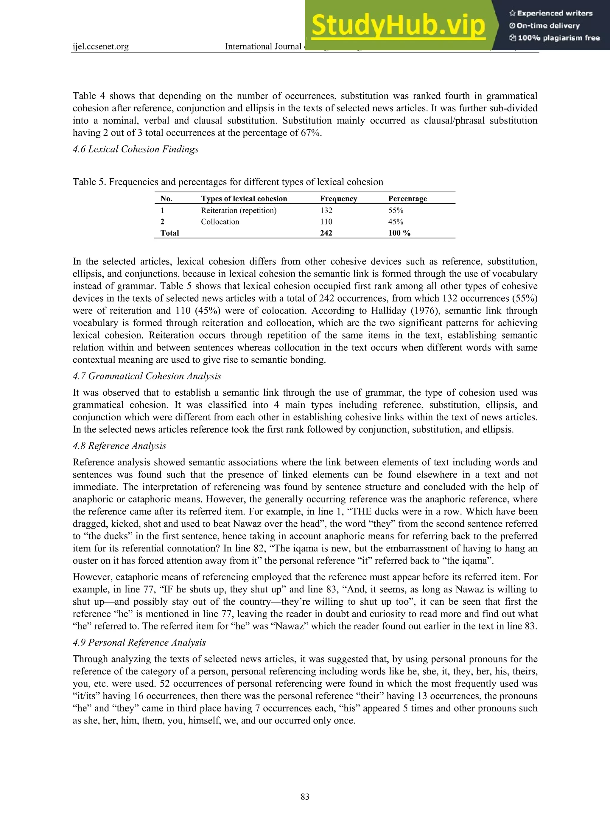 ijel.ccsenet.org International Journal of English Linguistics Vol. 9, No. 5; 2019
83
Table 4 shows that depending on the number of occurrences, substitution was ranked fourth in grammatical
cohesion after reference, conjunction and ellipsis in the texts of selected news articles. It was further sub-divided
into a nominal, verbal and clausal substitution. Substitution mainly occurred as clausal/phrasal substitution
having 2 out of 3 total occurrences at the percentage of 67%.
4.6 Lexical Cohesion Findings
Table 5. Frequencies and percentages for different types of lexical cohesion
No. Types of lexical cohesion Frequency Percentage
1 Reiteration (repetition) 132 55%
2 Collocation 110 45%
Total 242 100 %
In the selected articles, lexical cohesion differs from other cohesive devices such as reference, substitution,
ellipsis, and conjunctions, because in lexical cohesion the semantic link is formed through the use of vocabulary
instead of grammar. Table 5 shows that lexical cohesion occupied first rank among all other types of cohesive
devices in the texts of selected news articles with a total of 242 occurrences, from which 132 occurrences (55%)
were of reiteration and 110 (45%) were of colocation. According to Halliday (1976), semantic link through
vocabulary is formed through reiteration and collocation, which are the two significant patterns for achieving
lexical cohesion. Reiteration occurs through repetition of the same items in the text, establishing semantic
relation within and between sentences whereas collocation in the text occurs when different words with same
contextual meaning are used to give rise to semantic bonding.
4.7 Grammatical Cohesion Analysis
It was observed that to establish a semantic link through the use of grammar, the type of cohesion used was
grammatical cohesion. It was classified into 4 main types including reference, substitution, ellipsis, and
conjunction which were different from each other in establishing cohesive links within the text of news articles.
In the selected news articles reference took the first rank followed by conjunction, substitution, and ellipsis.
4.8 Reference Analysis
Reference analysis showed semantic associations where the link between elements of text including words and
sentences was found such that the presence of linked elements can be found elsewhere in a text and not
immediate. The interpretation of referencing was found by sentence structure and concluded with the help of
anaphoric or cataphoric means. However, the generally occurring reference was the anaphoric reference, where
the reference came after its referred item. For example, in line 1, “THE ducks were in a row. Which have been
dragged, kicked, shot and used to beat Nawaz over the head”, the word “they” from the second sentence referred
to “the ducks” in the first sentence, hence taking in account anaphoric means for referring back to the preferred
item for its referential connotation? In line 82, “The iqama is new, but the embarrassment of having to hang an
ouster on it has forced attention away from it” the personal reference “it” referred back to “the iqama”.
However, cataphoric means of referencing employed that the reference must appear before its referred item. For
example, in line 77, “IF he shuts up, they shut up” and line 83, “And, it seems, as long as Nawaz is willing to
shut up—and possibly stay out of the country—they’re willing to shut up too”, it can be seen that first the
reference “he” is mentioned in line 77, leaving the reader in doubt and curiosity to read more and find out what
“he” referred to. The referred item for “he” was “Nawaz” which the reader found out earlier in the text in line 83.
4.9 Personal Reference Analysis
Through analyzing the texts of selected news articles, it was suggested that, by using personal pronouns for the
reference of the category of a person, personal referencing including words like he, she, it, they, her, his, theirs,
you, etc. were used. 52 occurrences of personal referencing were found in which the most frequently used was
“it/its” having 16 occurrences, then there was the personal reference “their” having 13 occurrences, the pronouns
“he” and “they” came in third place having 7 occurrences each, “his” appeared 5 times and other pronouns such
as she, her, him, them, you, himself, we, and our occurred only once.
 
