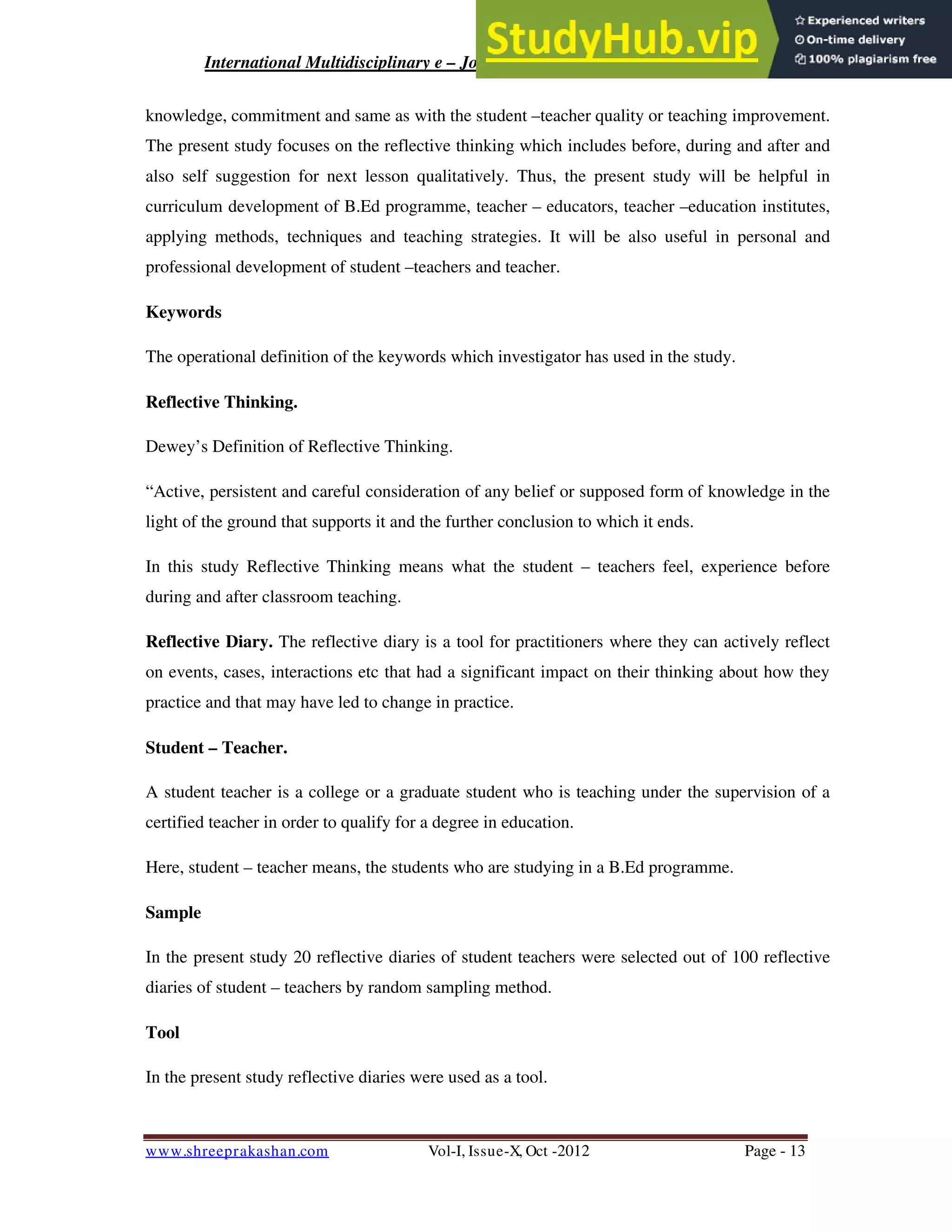 A Study Of Reflective Diary Of B.Ed Student -Teachers | PDF