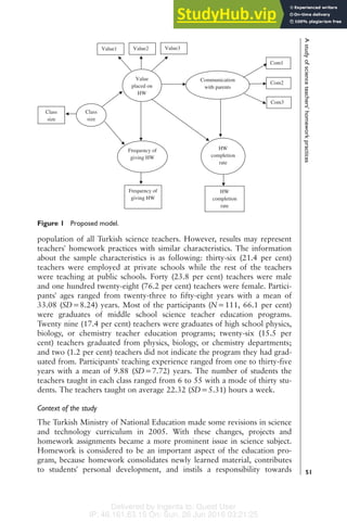 Delivered by Ingenta to: Guest User
IP: 46.161.63.15 On: Sun, 26 Jun 2016 03:21:25
population of all Turkish science teachers. However, results may represent
teachers' homework practices with similar characteristics. The information
about the sample characteristics is as following: thirty-six (21.4 per cent)
teachers were employed at private schools while the rest of the teachers
were teaching at public schools. Forty (23.8 per cent) teachers were male
and one hundred twenty-eight (76.2 per cent) teachers were female. Partici-
pants' ages ranged from twenty-three to fifty-eight years with a mean of
33.08 (SD=8.24) years. Most of the participants (N=111, 66.1 per cent)
were graduates of middle school science teacher education programs.
Twenty nine (17.4 per cent) teachers were graduates of high school physics,
biology, or chemistry teacher education programs; twenty-six (15.5 per
cent) teachers graduated from physics, biology, or chemistry departments;
and two (1.2 per cent) teachers did not indicate the program they had grad-
uated from. Participants' teaching experience ranged from one to thirty-five
years with a mean of 9.88 (SD=7.72) years. The number of students the
teachers taught in each class ranged from 6 to 55 with a mode of thirty stu-
dents. The teachers taught on average 22.32 (SD=5.31) hours a week.
Context of the study
The Turkish Ministry of National Education made some revisions in science
and technology curriculum in 2005. With these changes, projects and
homework assignments became a more prominent issue in science subject.
Homework is considered to be an important aspect of the education pro-
gram, because homework consolidates newly learned material, contributes
to students' personal development, and instils a responsibility towards
Frequency of
giving HW
Frequency of
giving HW
Value1
Com1
Com2
Com3
Communication
with parents
Value
placed on
HW
Class
size
Class
size
Value2 Value3
HW
completion
rate
HW
completion
rate
Figure 1 Proposed model.
A
study
of
science
teachers'
homework
practices
51
 