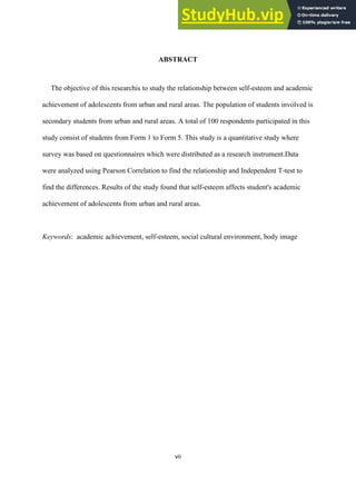 A STUDY OF SELF-ESTEEM AND ACADEMIC ACHIEVEMENT OF ADOLESCENTS IN URBAN ...